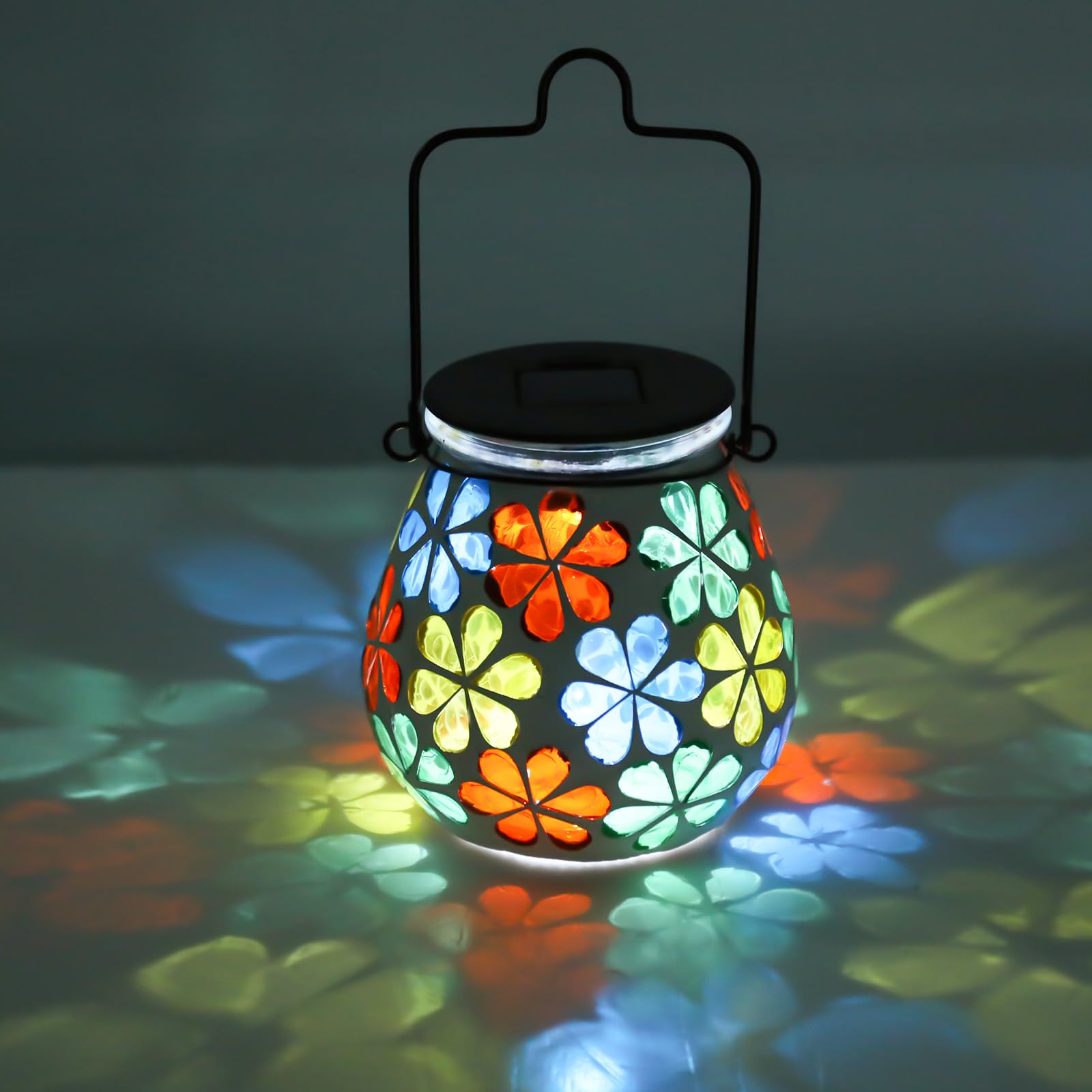 Afirst Mosaic Solar Lantern - Glass Hanging Lights, Waterproof Table Lamp for Garden/Patio - Model 5033540A, Flower Color