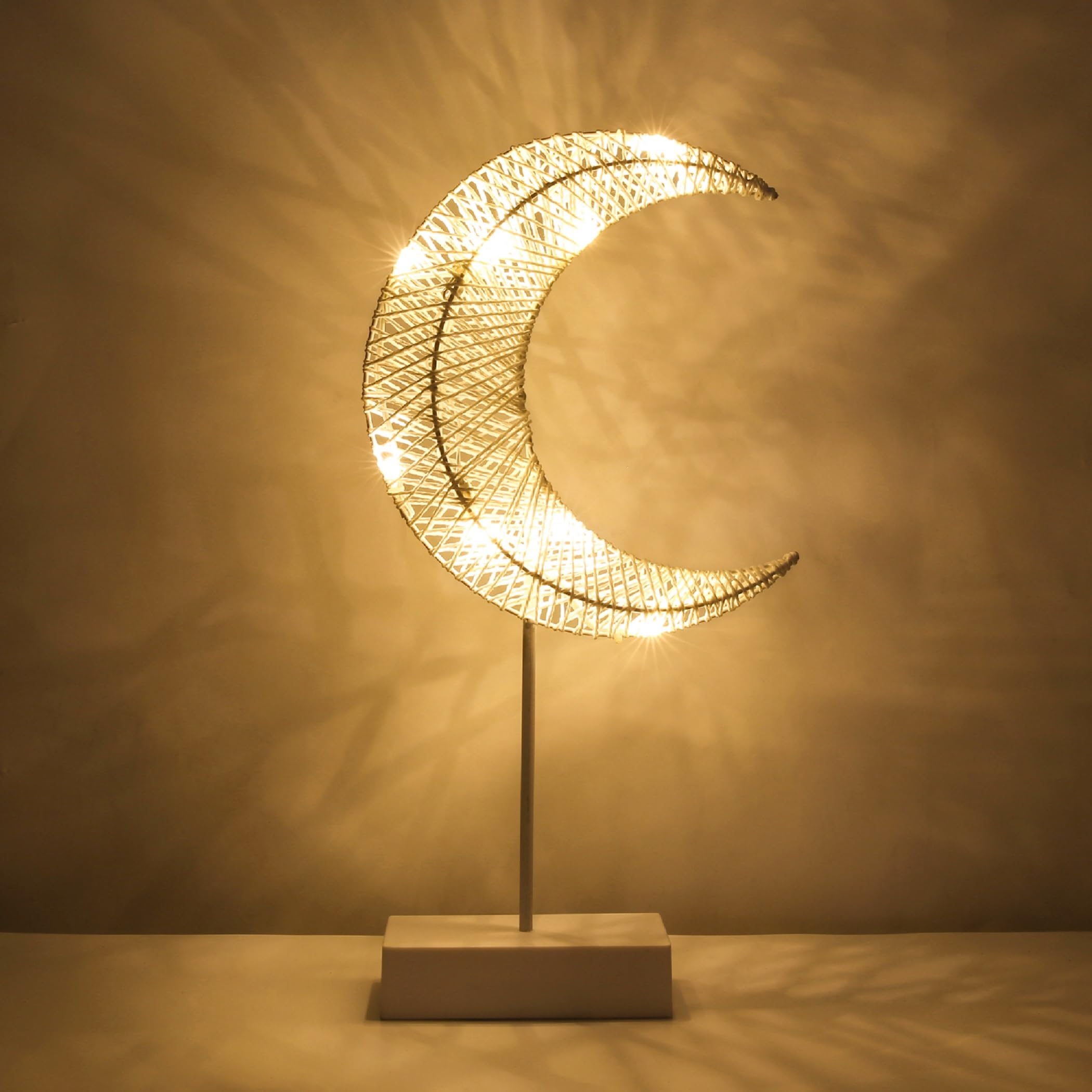 Lewondr Decorative Table Lamp, Moon Shape Ramadan Desk Lamp Battery Powered Light, Winding Thread Warm Led Crescent Light Christ