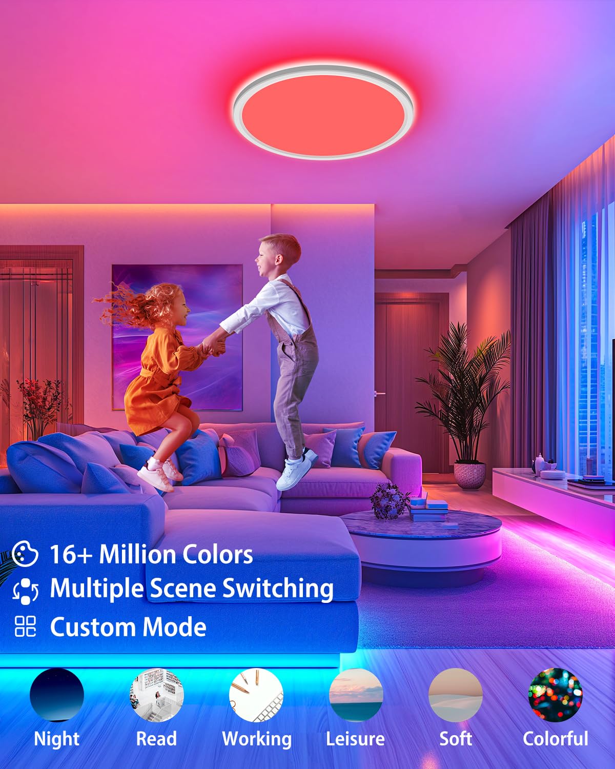 Zemty Smart Rgb Ceiling Light Dimmable, 24W 3000K-6500K Flash Mount Light Fixture Color Changing With Remote And App, Ceiling La