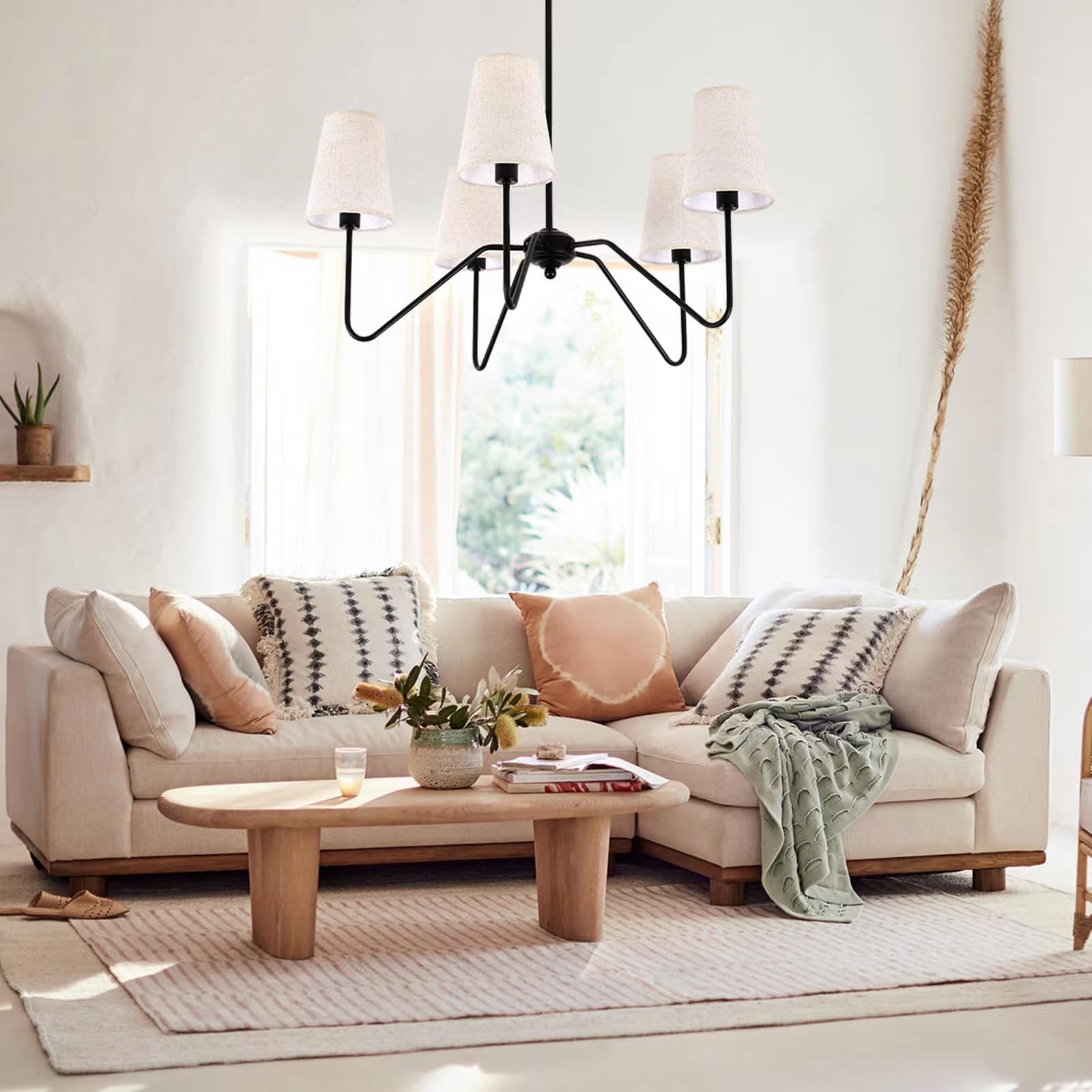 FIYUEOYI 5-Light Modern Chandelier - Adjustable Height, Linen Beige Shade, Metal, A-Black, Model YUX2 for Living Room, Dining Room, Bedroom