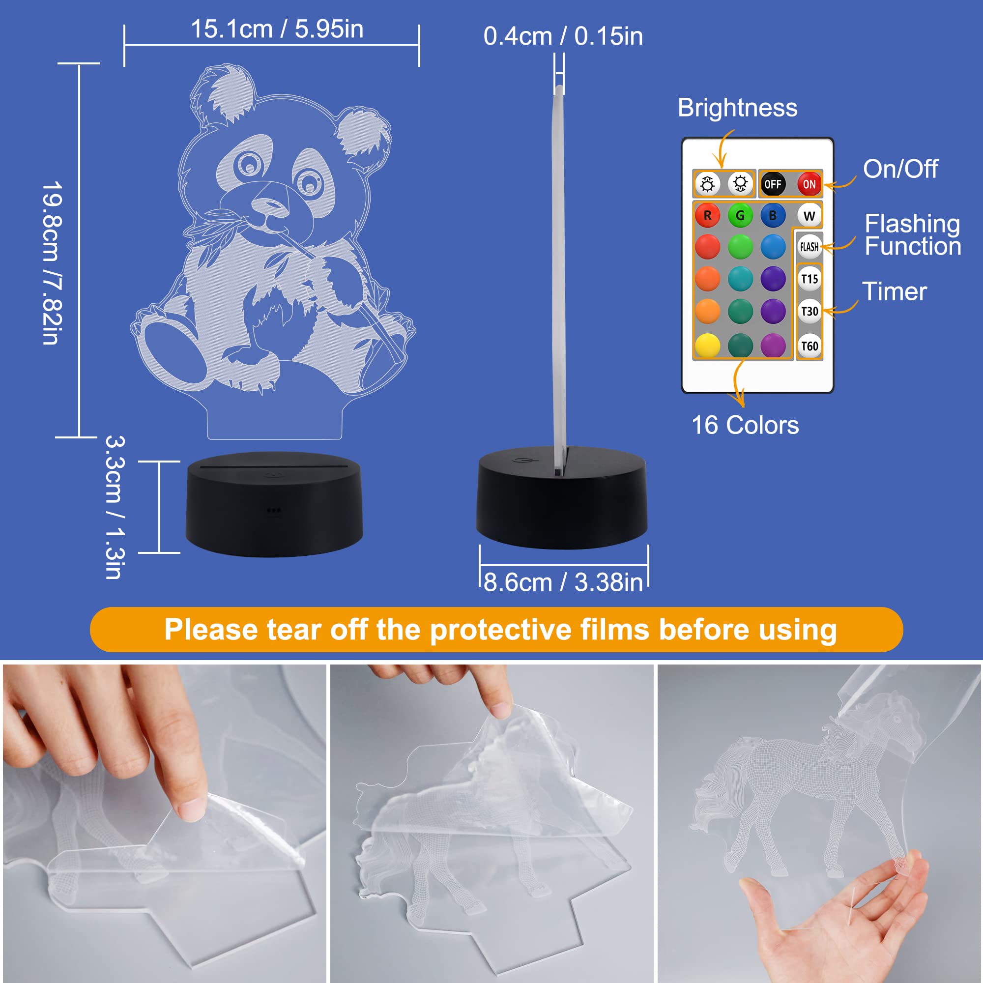FULLOSUN 3D Panda Night Light Lamp with Remote Control, 16 Colors, Acrylic, FS-AMZ-JULY