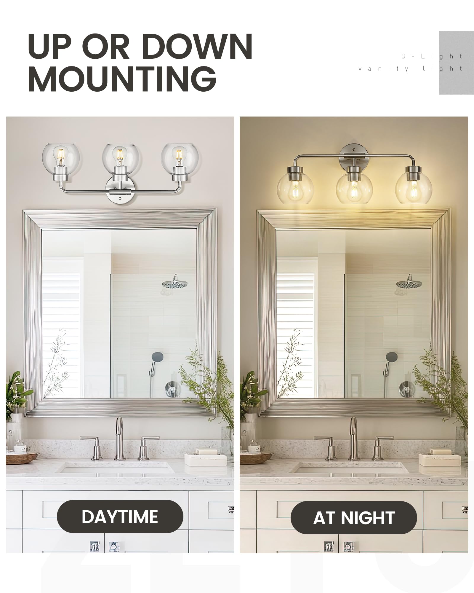 Zeyu 23 Inch Bathroom Wall Light Fixtures  3-Light Vanity Lighting Fixture  Brushed Nickel Finish With Clear Glass Globe Shade  Zs62Bg-3W Bn
