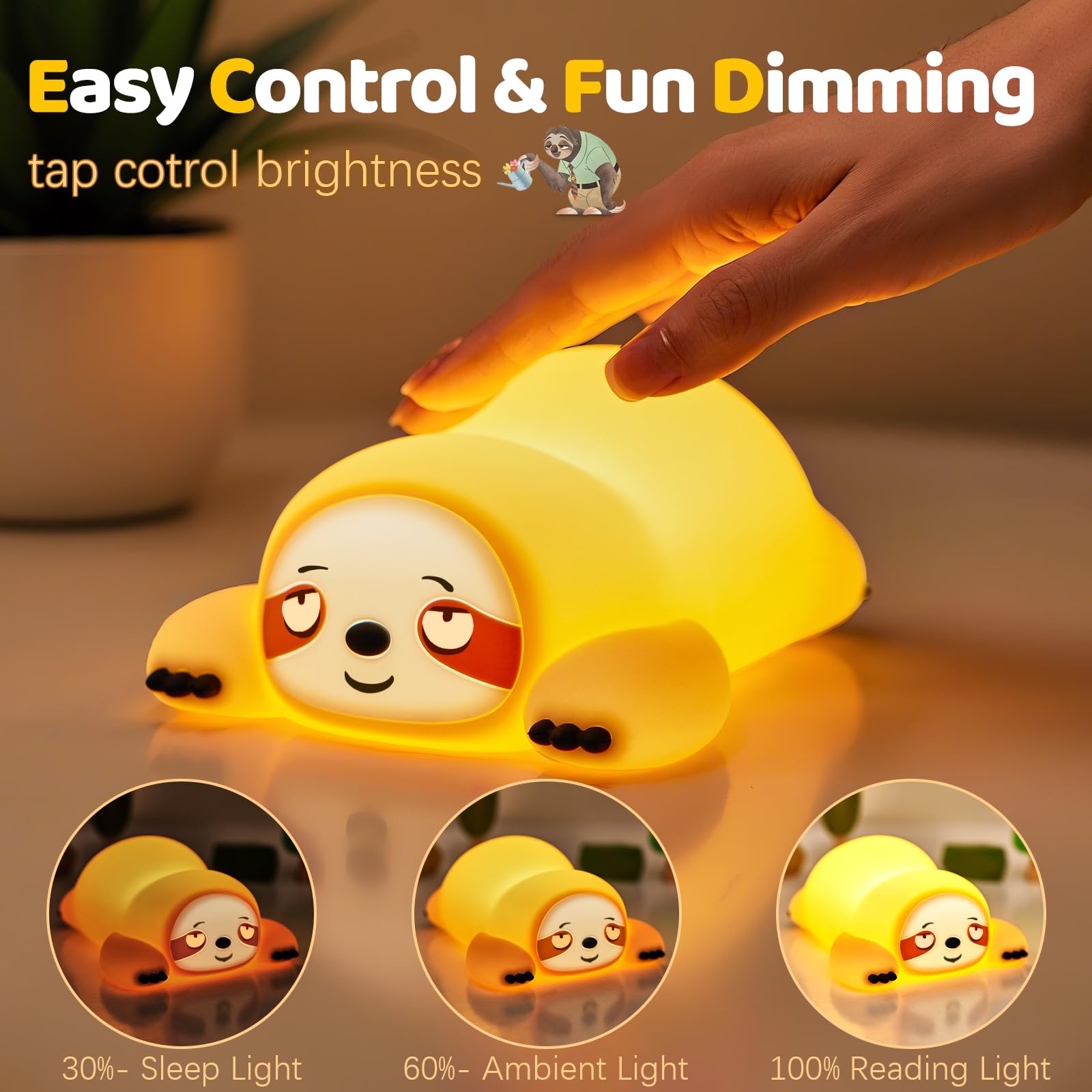 Yr Yrhh-Pet Cute Sloth Gifts Night Light  Funny Sloth Lamp  Rechargeable Squishy Dimmable Weird Nightlight  Led Novelty Animal Cute Stuff  Room Dorm D?Cor  Silicone Touch Light Up Sloth For Baby Kids