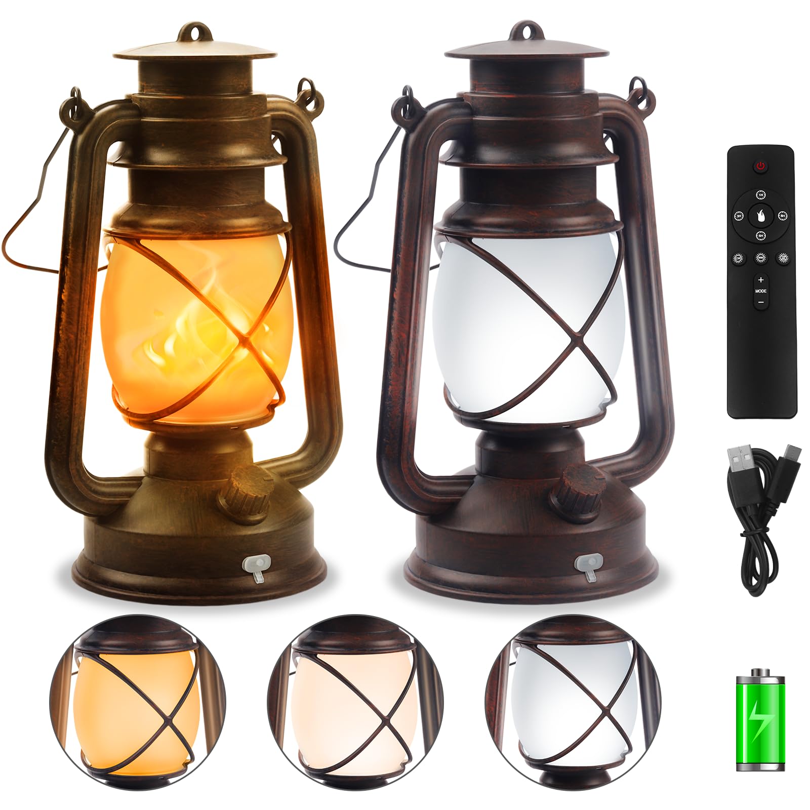 Wondrastical 2 Pack Bronze Vintage 4 Modes Light LED Lanterns,Rechargeable Dancing Flame Lanterns Decorative Outdoor&Indoor, Rem