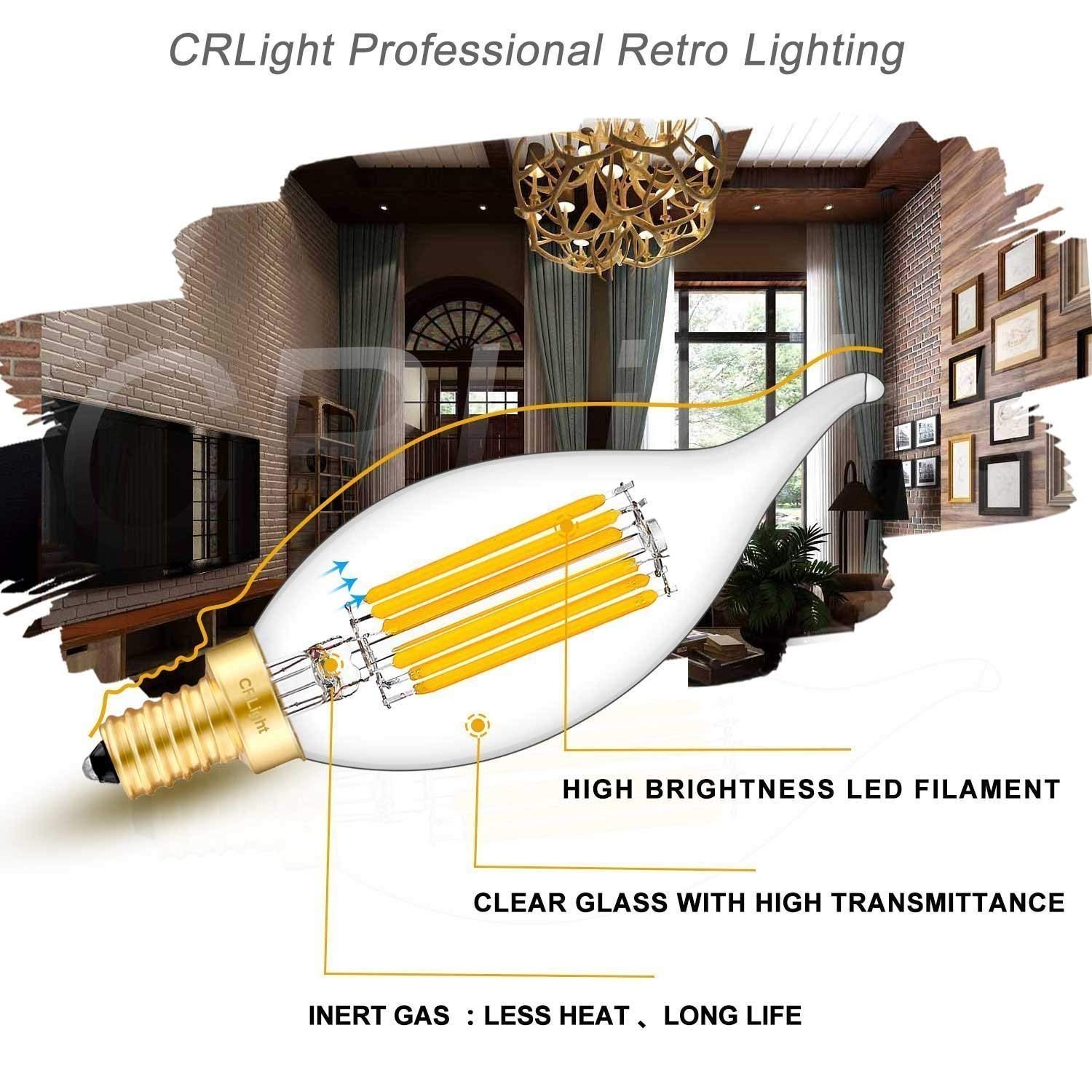 Crlight 6W Led Candelabra Bulb, 3000K Soft White, Dimmable, 8 Pack, Antique