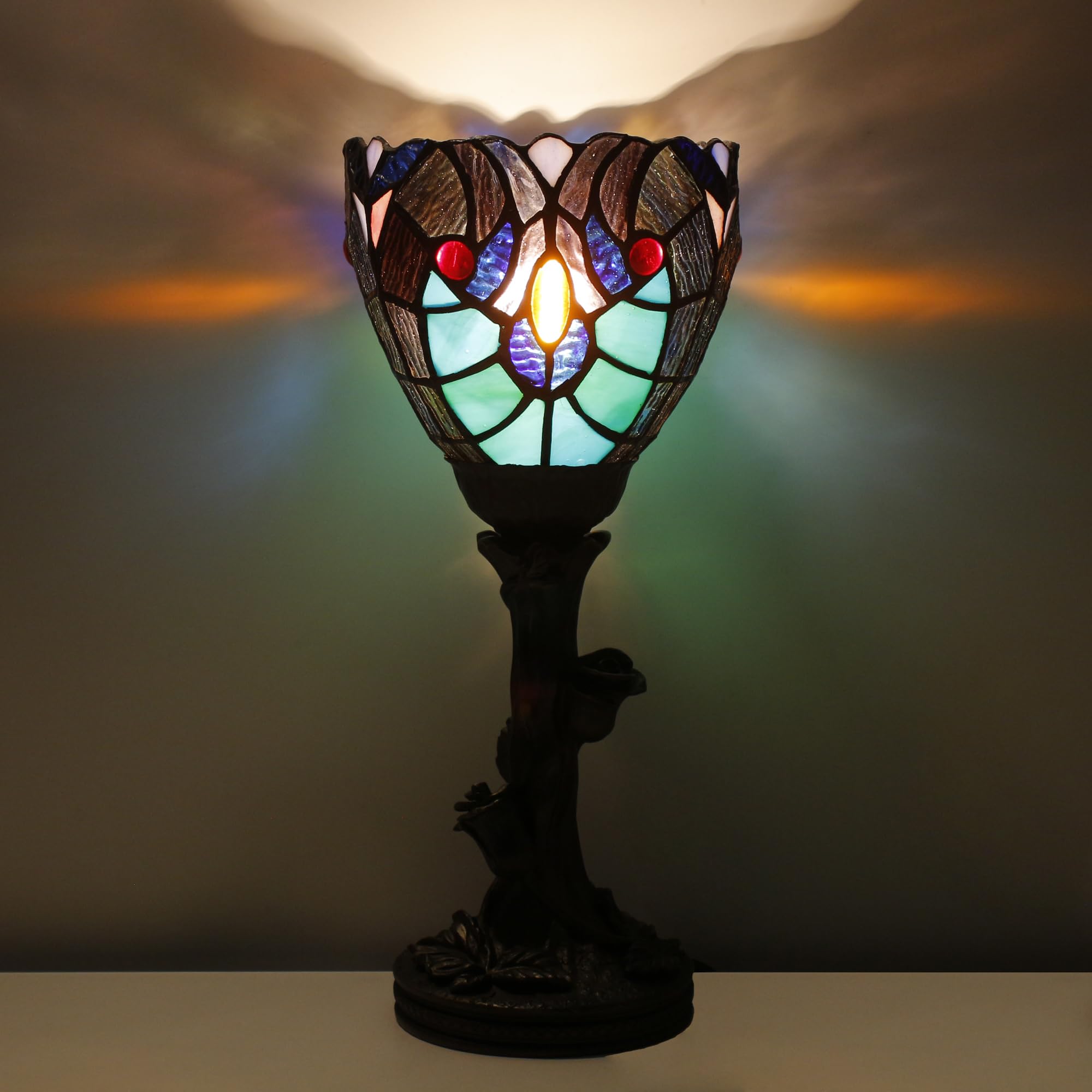Avivadirect Small Tiffany Lamp Mini Stained Glass Table Lamp Green Liaison Accent Desk Uplight W6 H13.5 Inch Bronze Resin Base