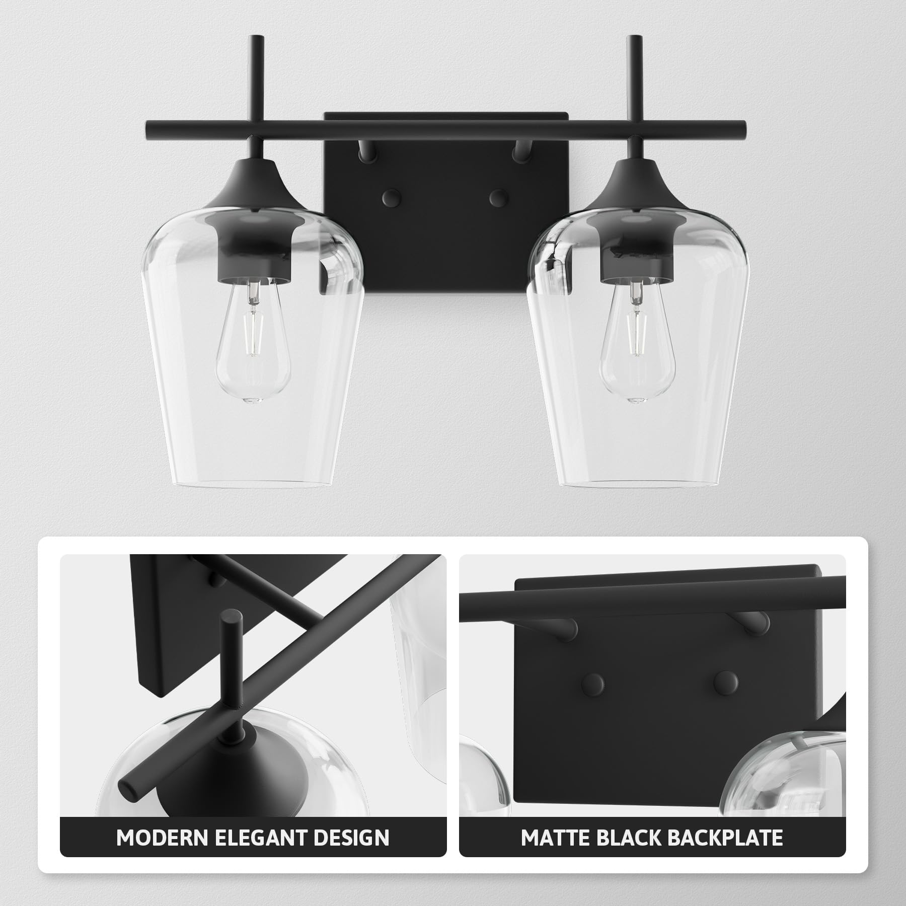 Vonluce Bathroom Vanity Light, 2 Light Bathroom Light Fixture Over Mirror, Bathroom Wall Lamp With Clear Glass, Modern Black Van