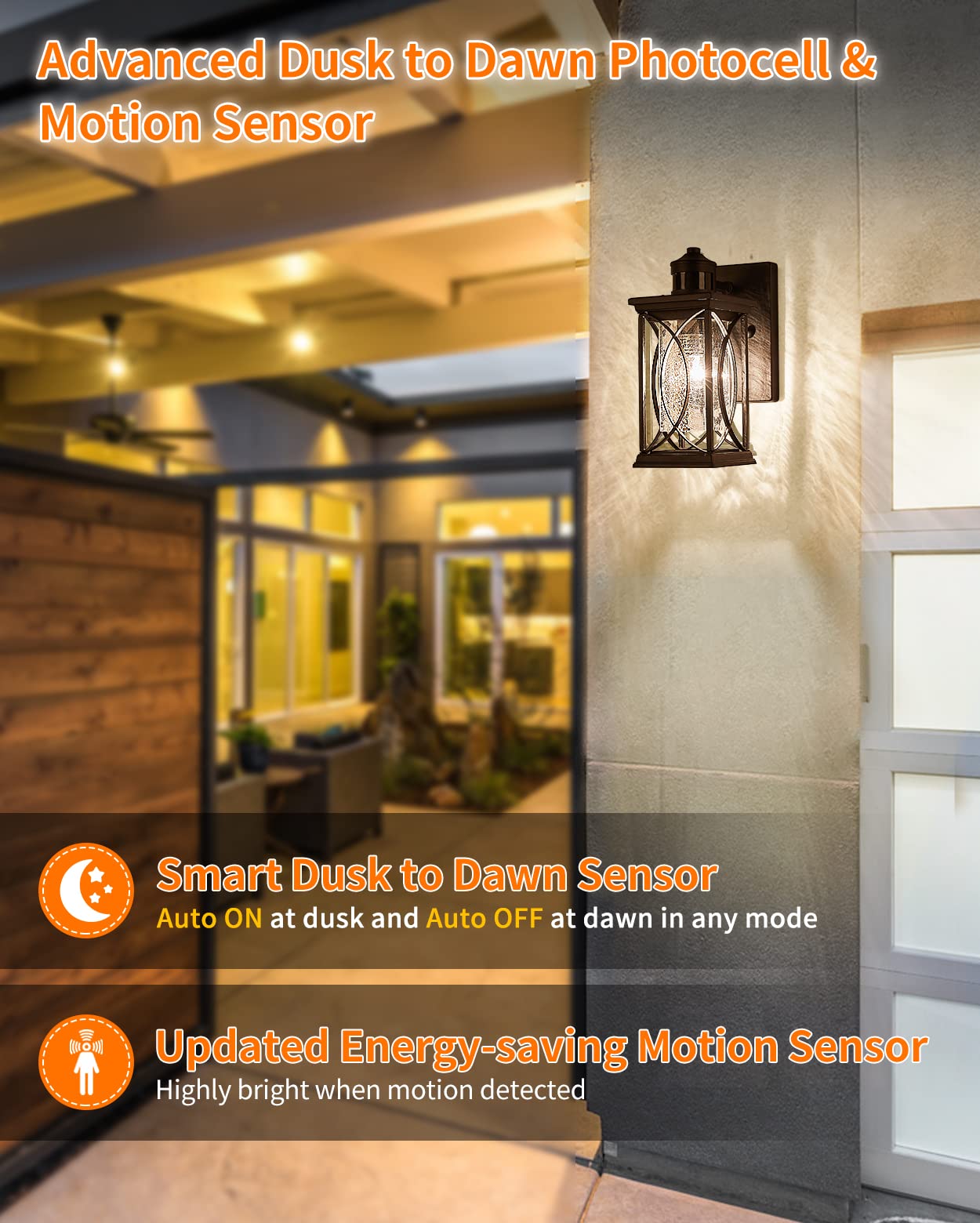 Delicavy Motion Sensor Outdoor Wall Light, Dimmable, Black,  -Like Glass, Small, Wall Mount, Dusk to Dawn Fixture