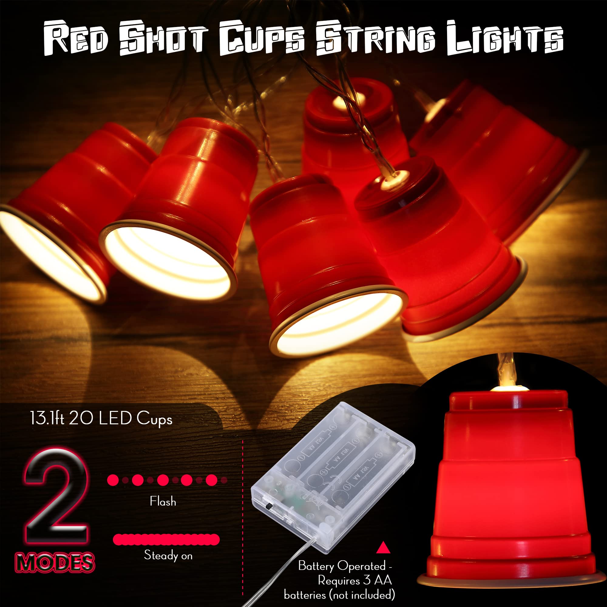 Hiboom 2 Pack 13 Ft 20 Led Cups String Lights, Mini Shot Cups Fairy Light Decoration, Battery Operated White Trash Party Led Novelty Flip Cup Decor For College Graduation Party Supplies Home (Red)