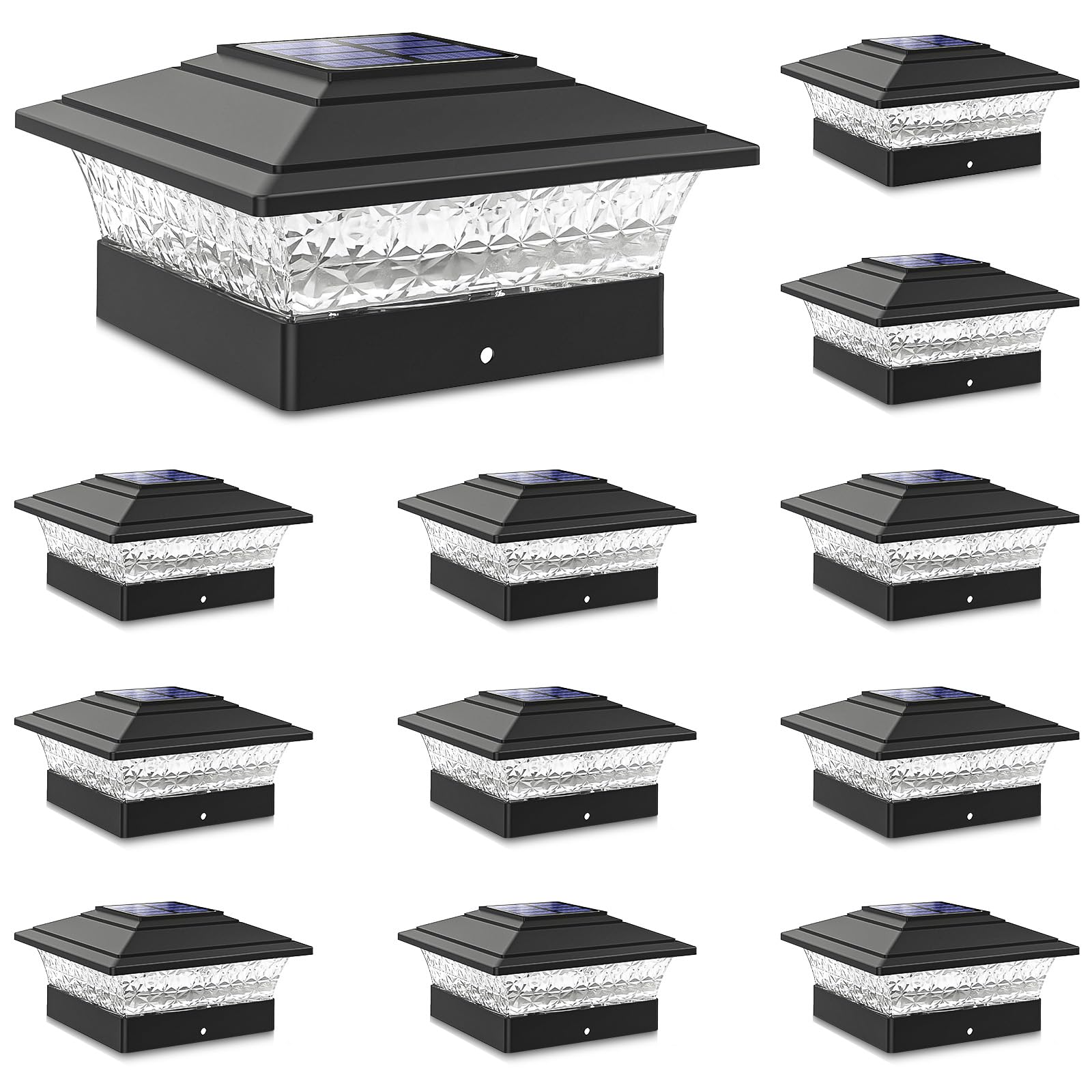 Solar Post Cap Lights Outdoor 12pack, Waterproof Fence Post Lights with 16 Ultra Bright LEDs Fit 4x4 Wood/Vinyl Posts, Black Dec