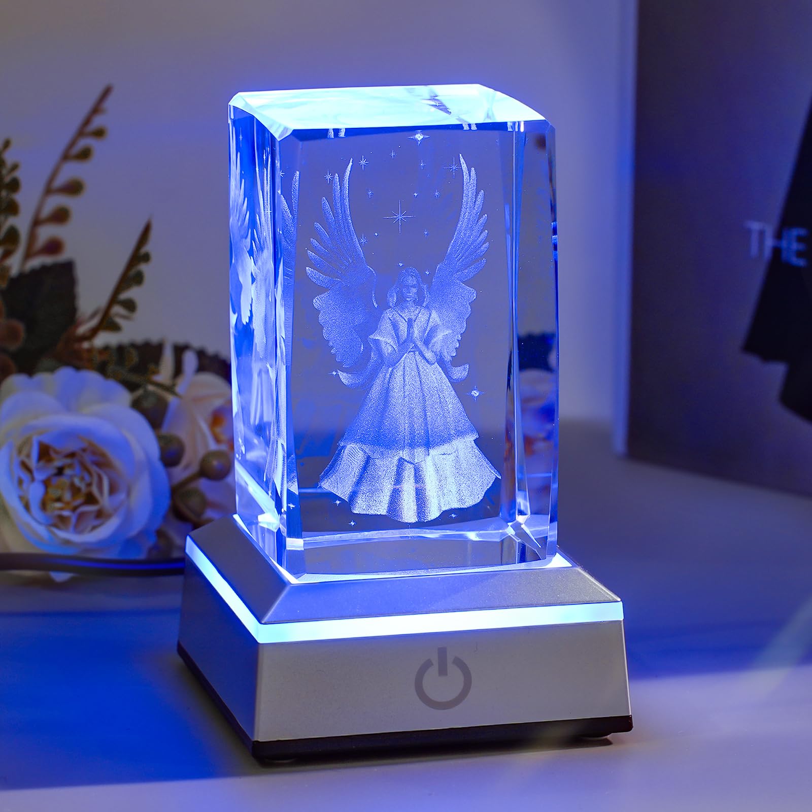 Eicxjui 3D Guardian Angel Crystal Night Light with Multicolor LED Base - Engraved Glass Lamp for Gifts & Decor
