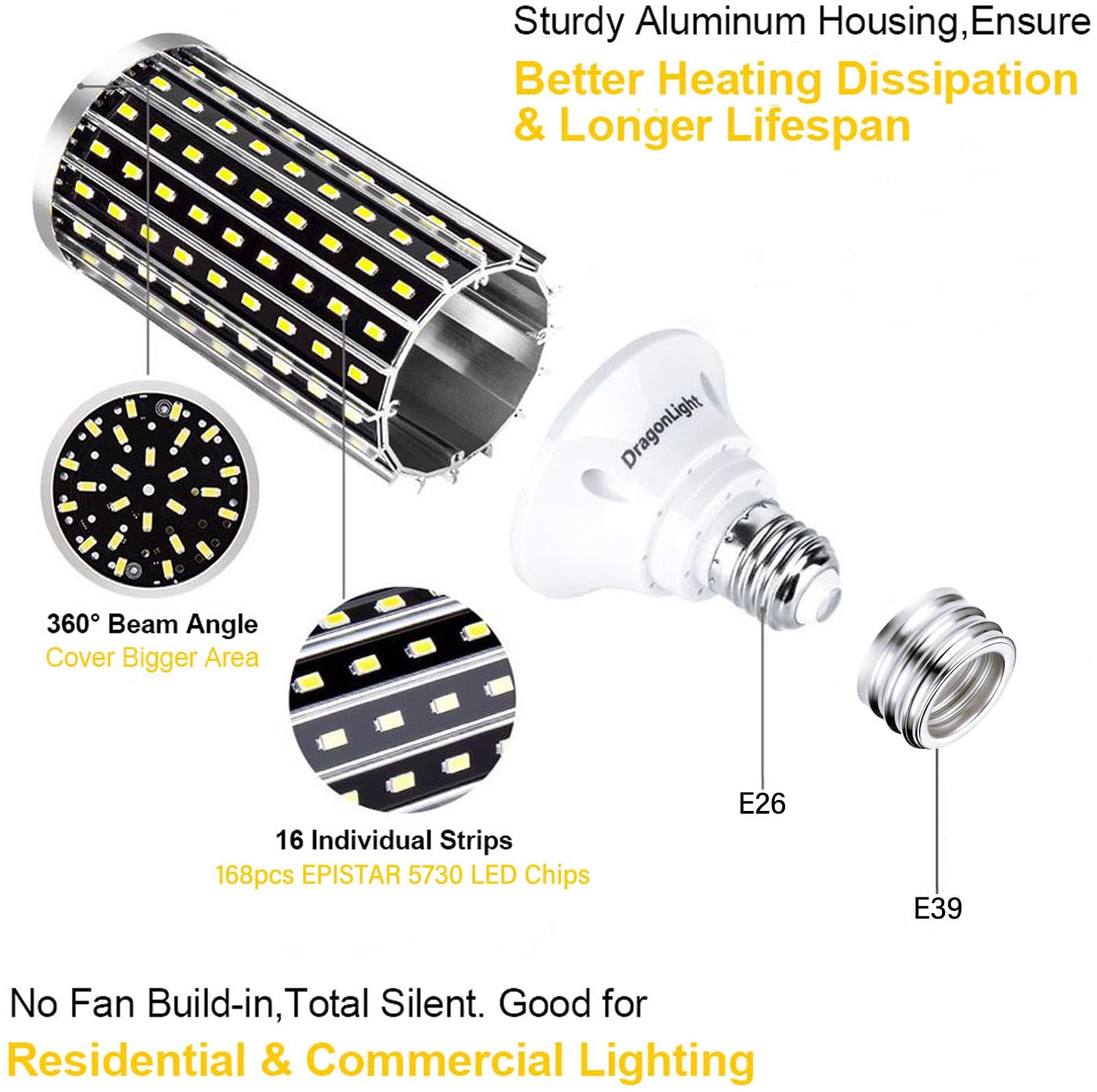 DragonLight 50W LED Corn Light Bulbs - 400W Equivalent, 3000K Warm White, E26/E39 Base, 5,500 Lumens, Pack of 2