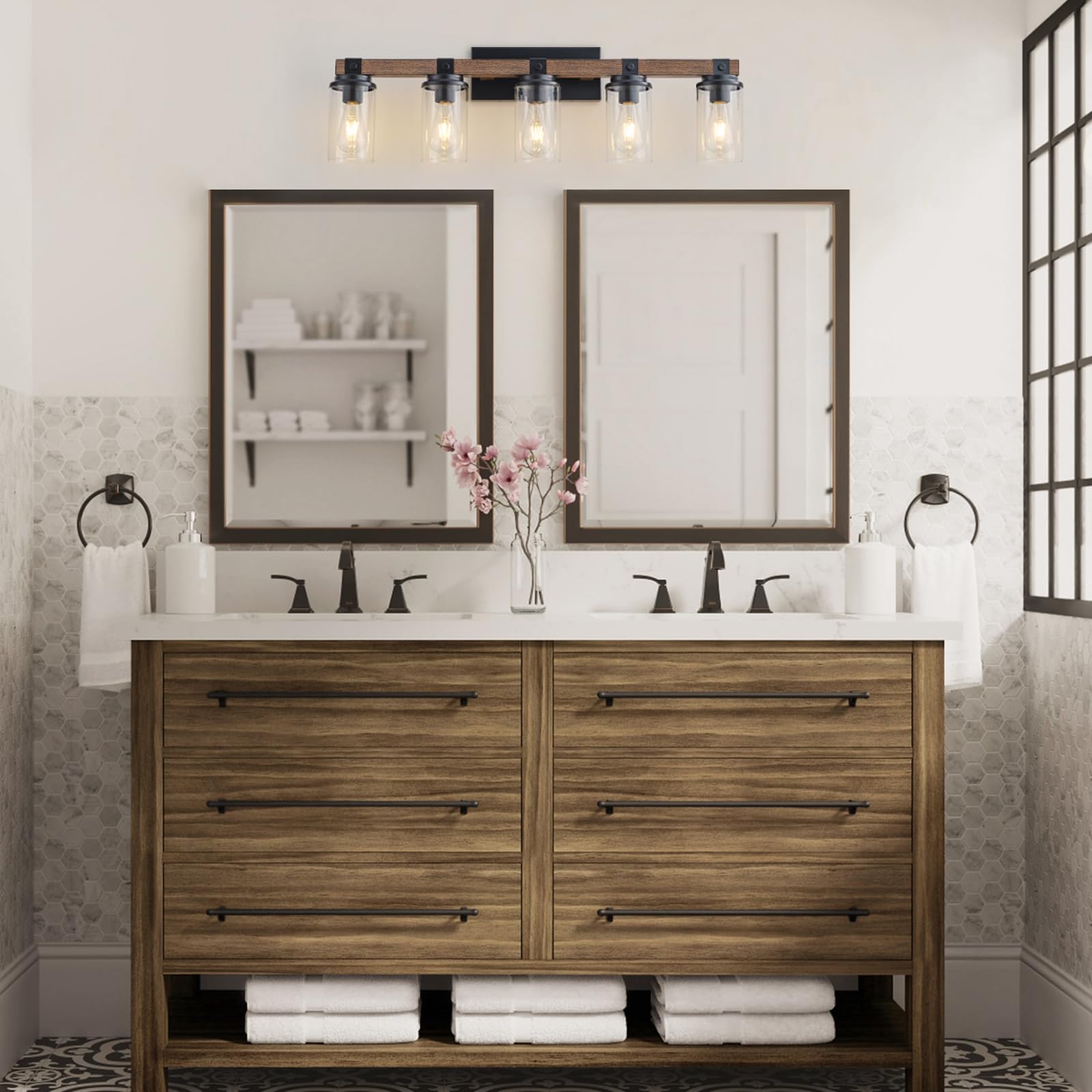 Goyeel 5-Light Farmhouse Bathroom Vanity Lighting - Wooden Wall Fixture With Clear Glass
