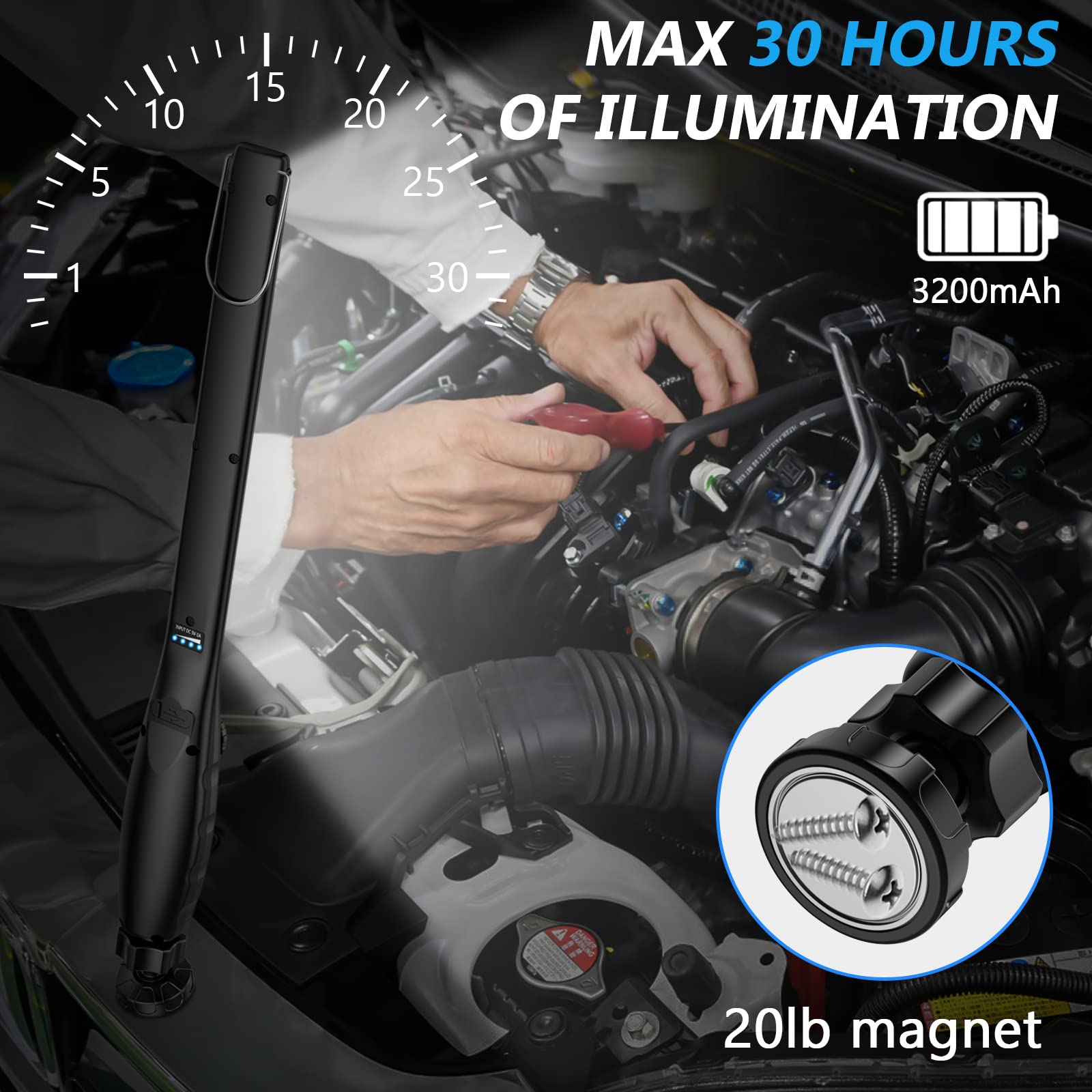 NileBoom LED Work Light, 800 Lumens Rechargeable COB Work Light with Power Capacity Indicator, Magnetic Base& Hook, 360Swivel, f