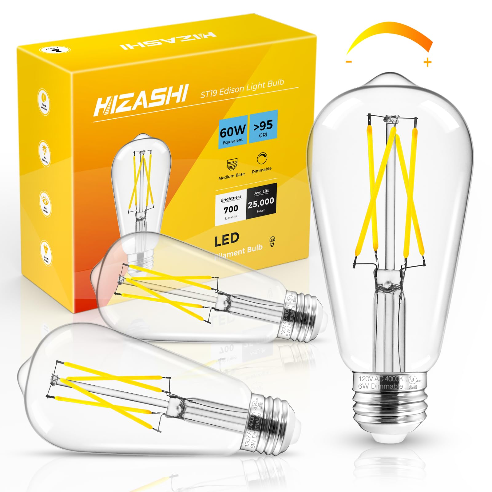 Hizashi E26 Edison Bulb 60 Watt LED  4000K Dimmable Light Bulbs  ST19 Vintage Light Bulbs Cool White  95+CRI  UL Listed 700 Lumens 6W E26 Medium Base  Clear Glass  Pack of 3