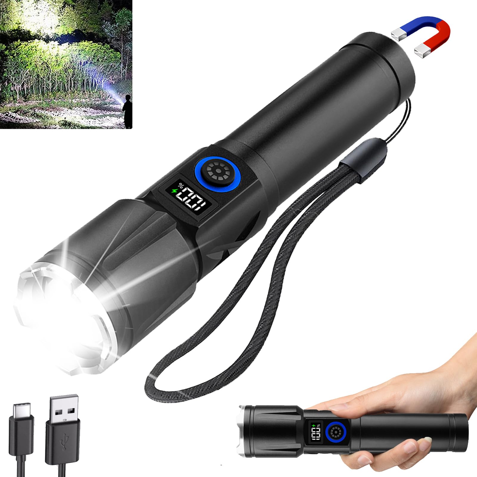 Sogidon Flashlights High Lumens Rechargeable, 1,000,000 Lumens Super Bright LED Magnetic Tactical Handheld Flash Light with 5 Mo