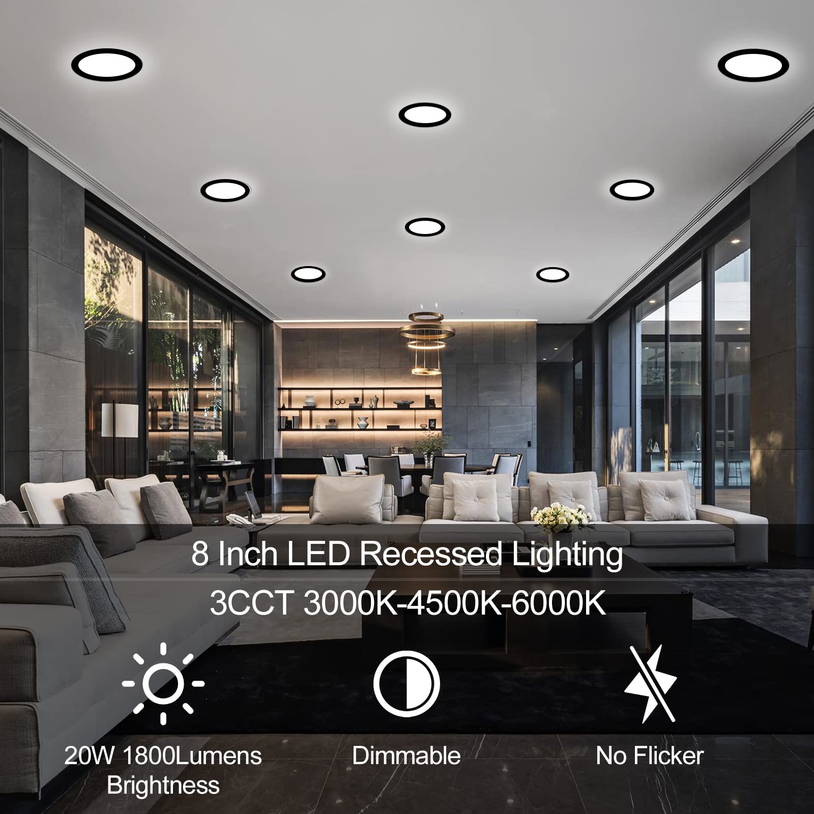Lzhome 6 Pack 8 Inch Led Recessed Lighting With Junction Box Ultra-Thin, 3000K/4500K/6000K Selectable, 8'' Dimmable Canless Led