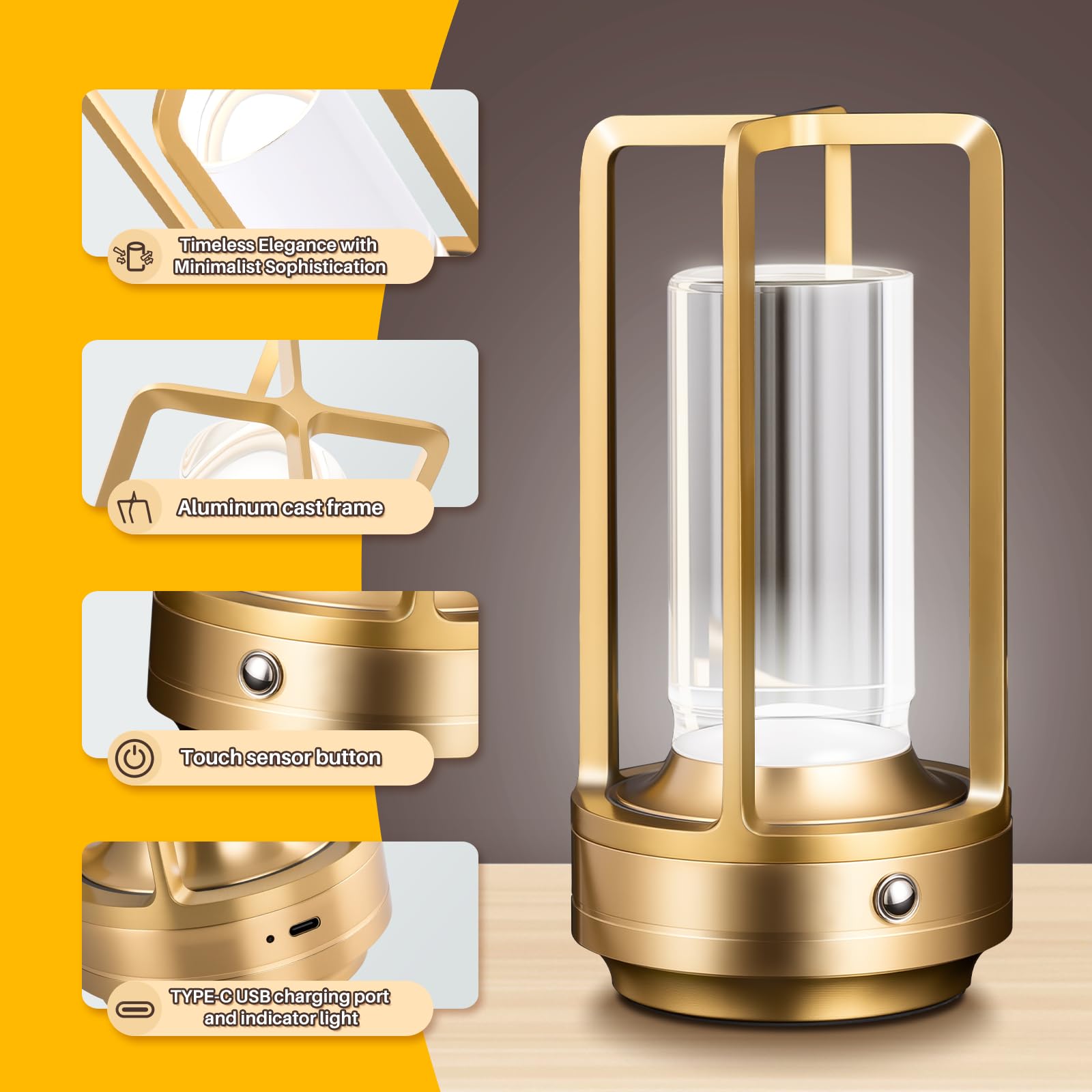 UMLAEN Rechargeable Table Lamp, Cordless, 3 Color, Stepless Dimming, Metal, Gold, 2 Pack, Model BG6004JS-A42P