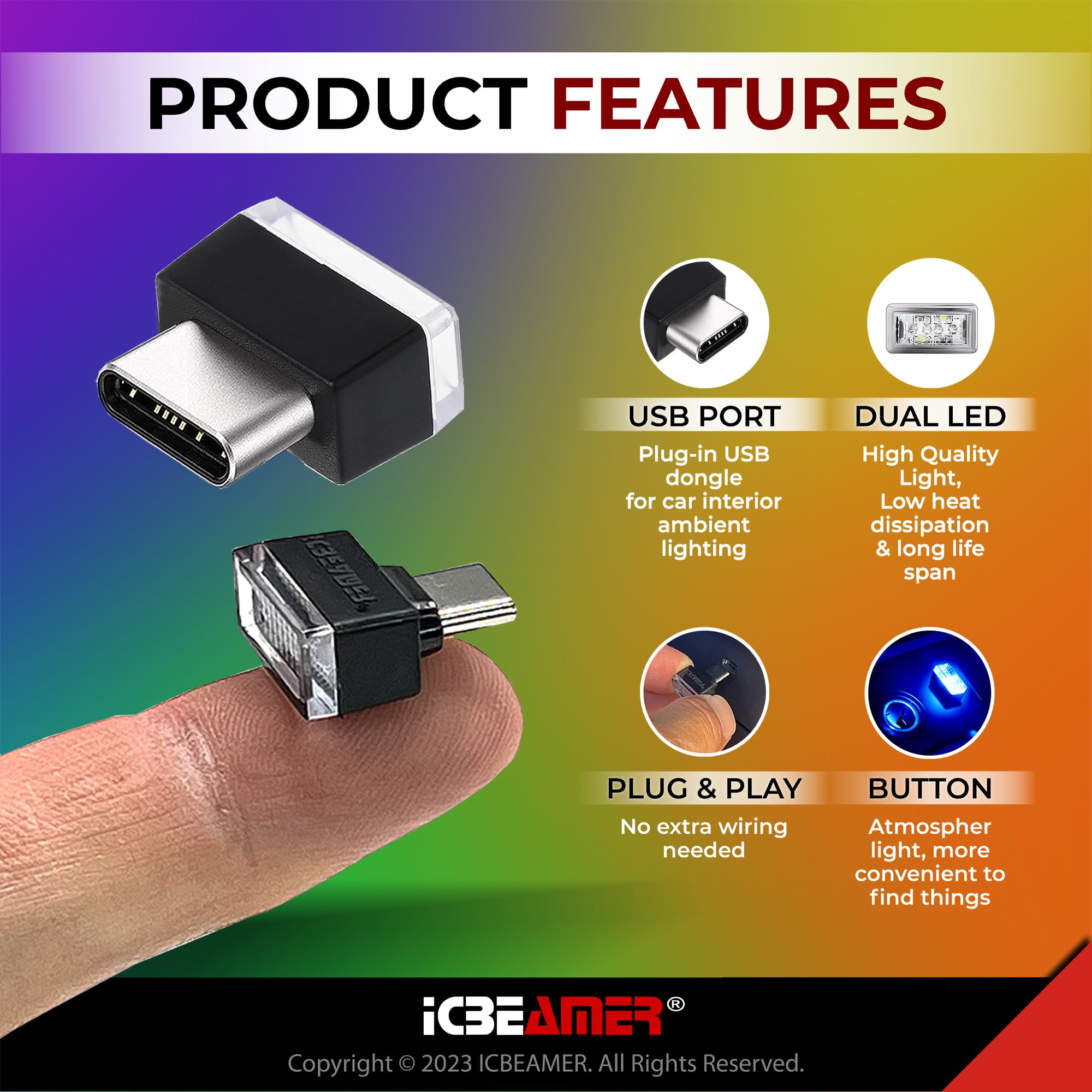 ICBEAMER Type C Adapter Mini Night Light - Blue LED Ambient Trunk Light, Model TYPE-C-BL-AMA