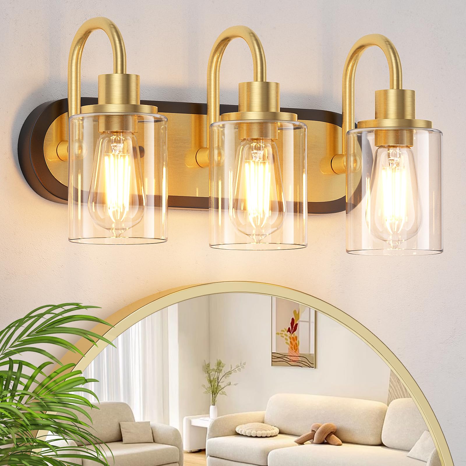 Baocuz 3-Light Black And Gold Vanity Light, Mid Century Brushed Gold Bathroom Light Fixtures Over Mirror With Clear Glass Shade