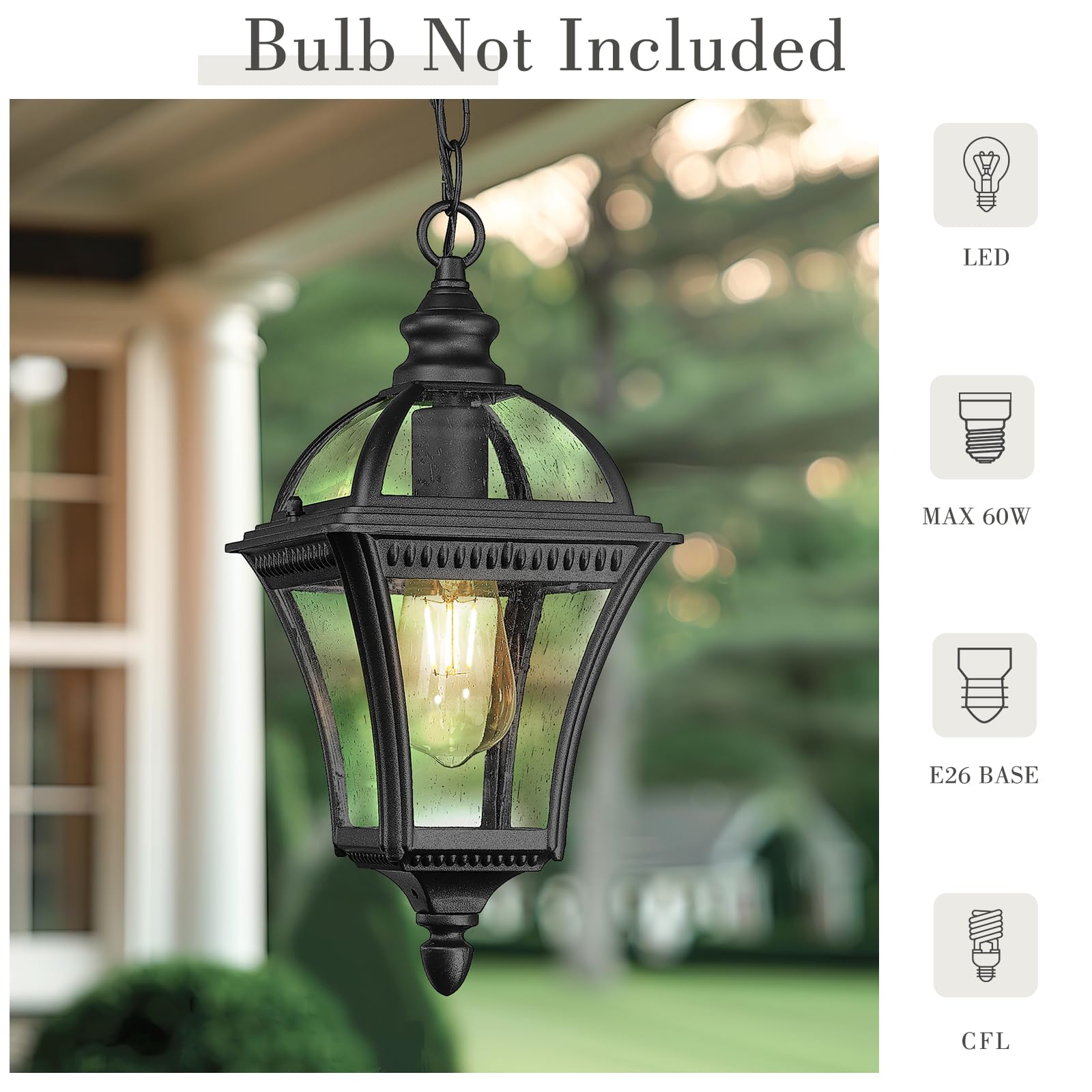 Emliviar 20.7'' Outdoor Pendant Light, Matte Black Hanging Porch Chandelier With Water Ripple Glass, Modern Ceiling Pendant Ligh