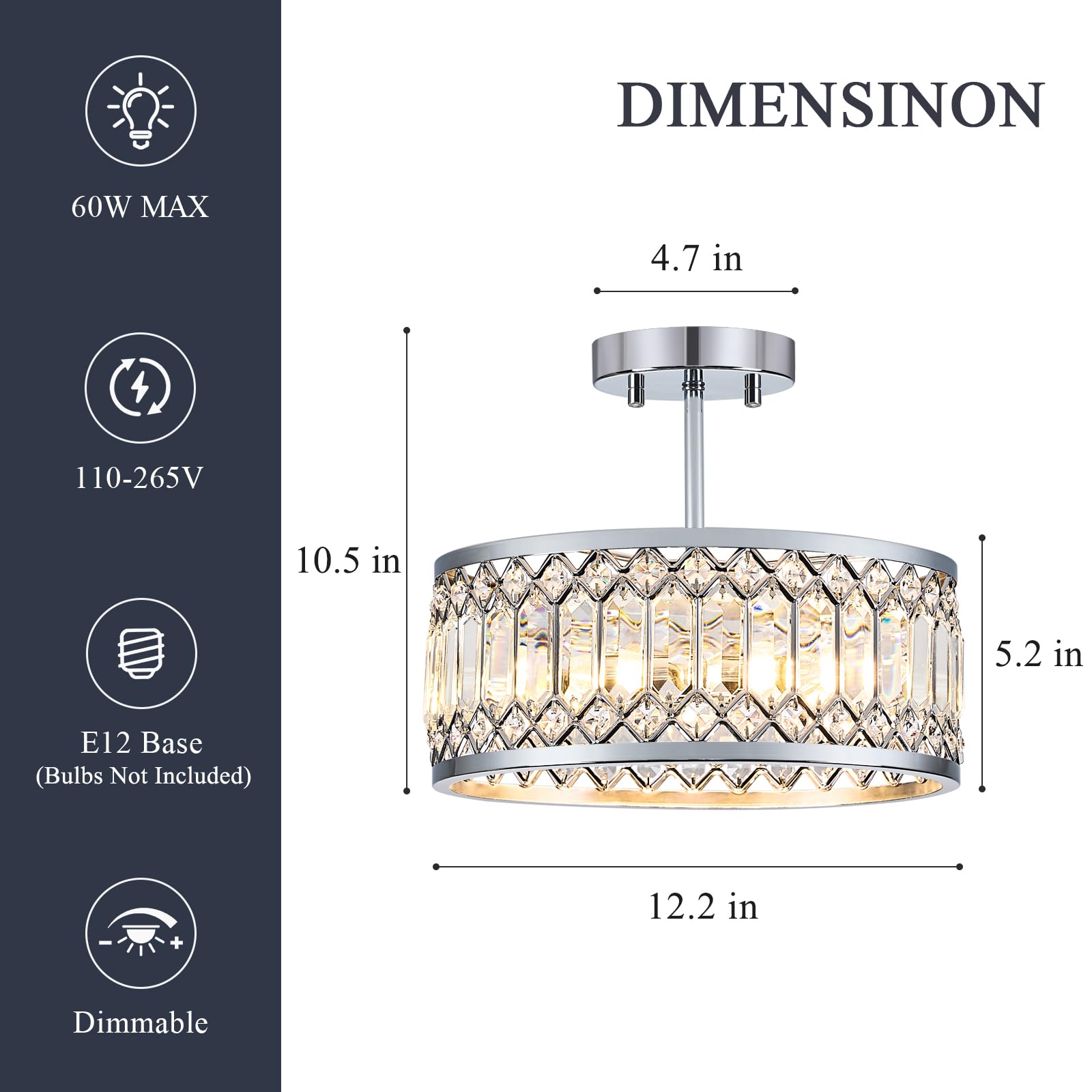 Pevfah Crystal Chrome Ceiling Light Fixture, 3-Light, 12.2 Inch, Modern Semi Flush Mount Chandelier for Kitchen, Entryway, Bedroom