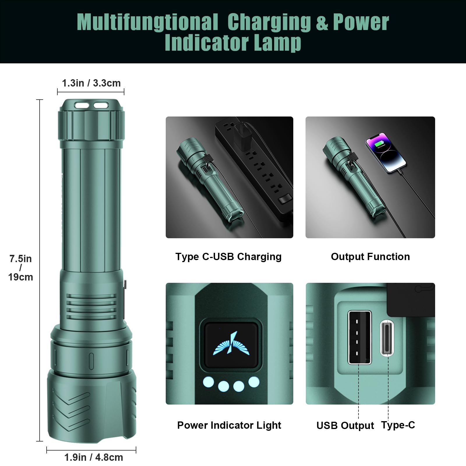 SKYFIRE Rechargeable Flashlight, 5000mAh High Lumens, Zoomable, Waterproof, Turquoise, Model SF-1097