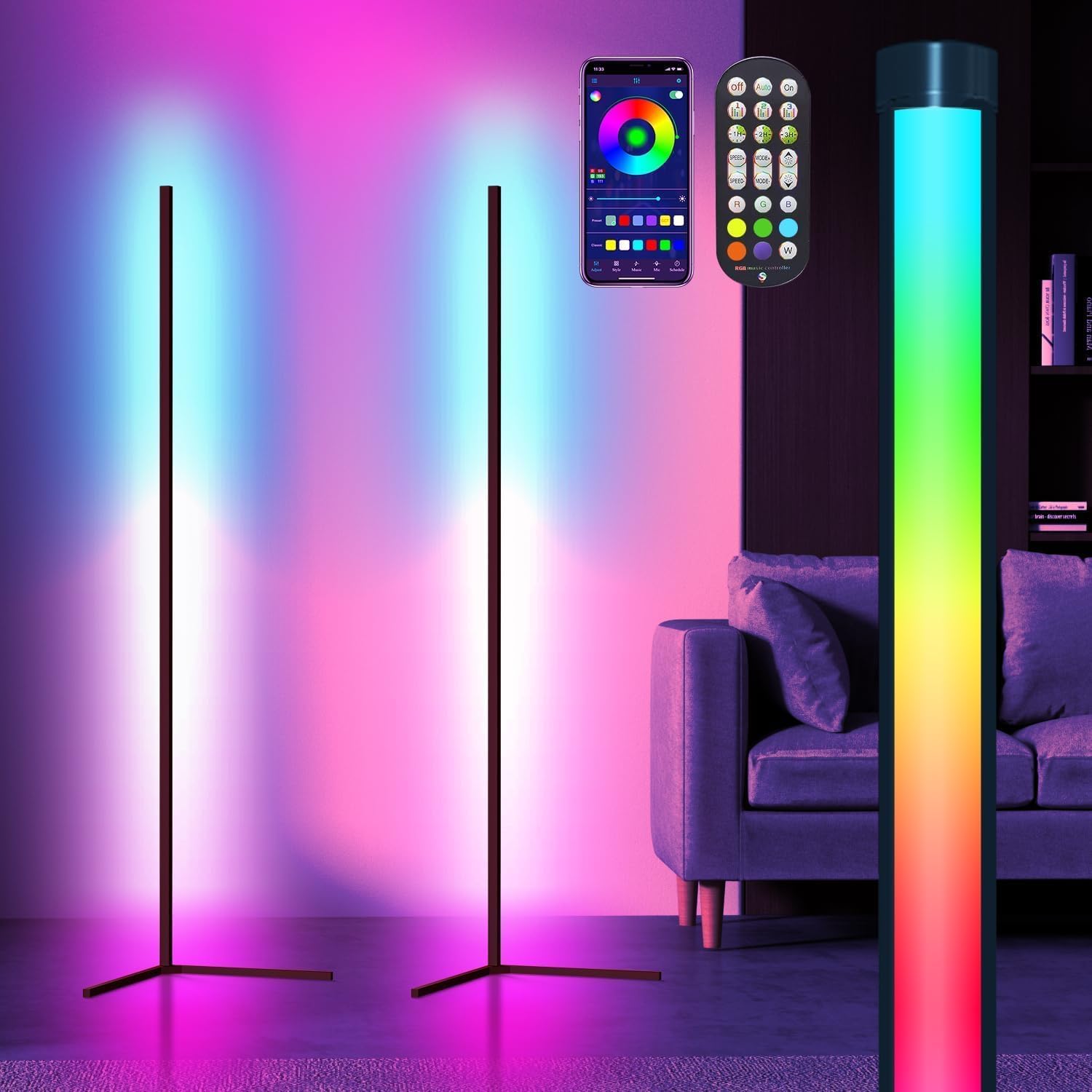 Corner Floor Lamp, 2 Pack LED Corner Lamp with App/Remote/Button Control, Smart RGB Floor Lamp with 16 Million DIY Colors & 68+