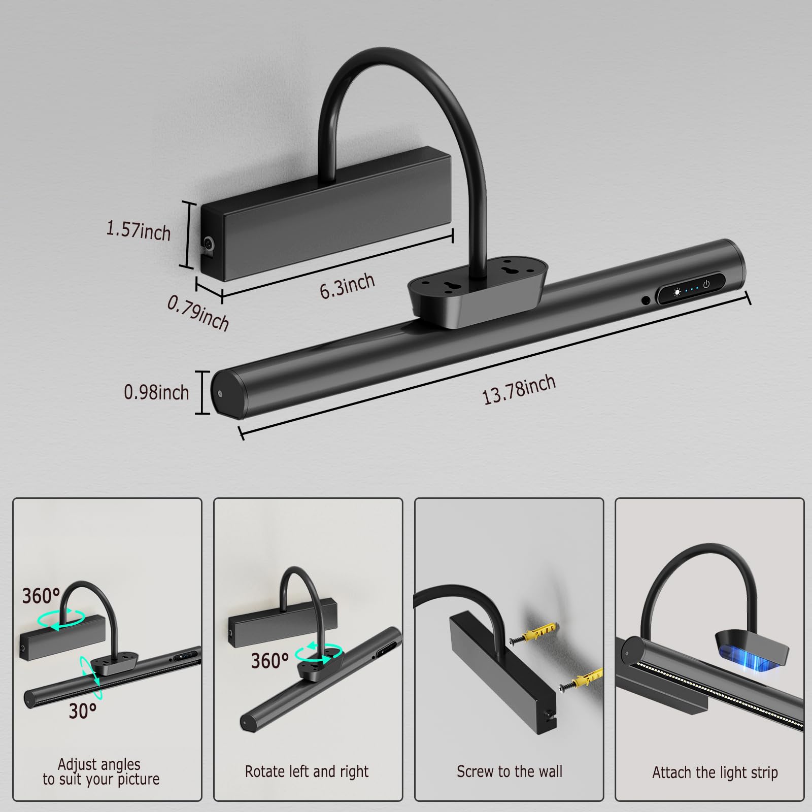 Bridika Picture Light, Battery Operated, 19.7in, Dimmable, Aluminum, Black, Model YZ500