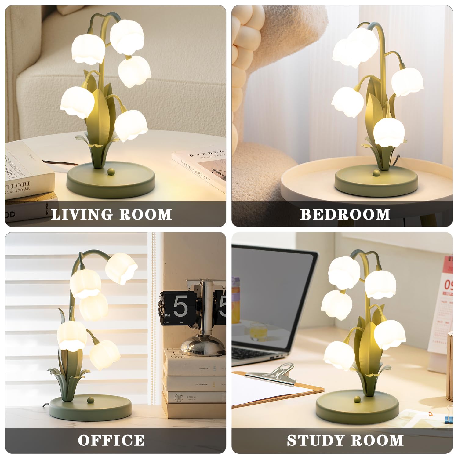 WERFOP Vintage Flower Table Lamp, Medium Green Metal, 5 Lily of The Valley, G4 LED Bulbs, 3 Color Modes for Bedroom, Living Room, Office