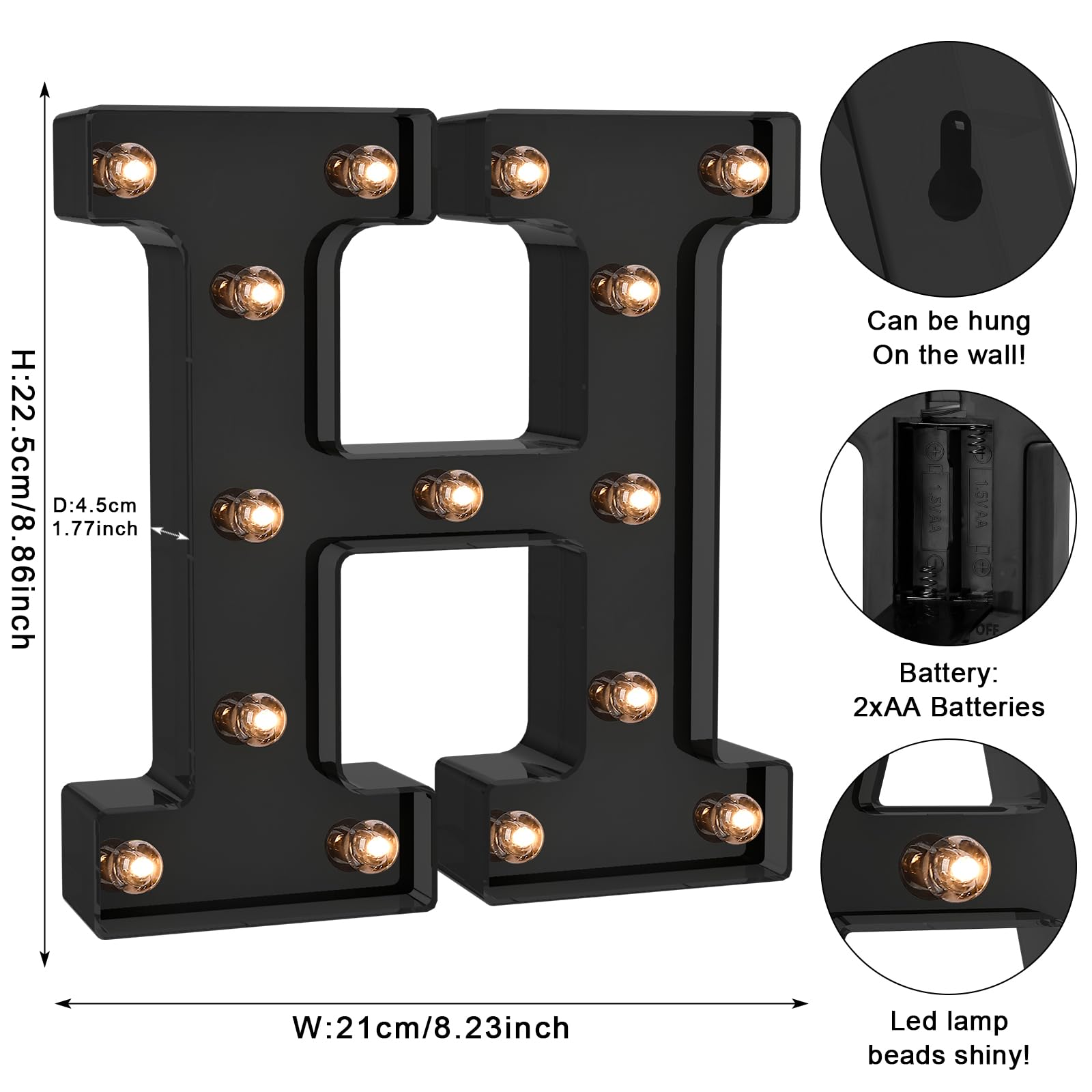 Foaky Black LED Letter Lights - Battery Operated Wall Decor, H Size, Plastic, Model Black-25