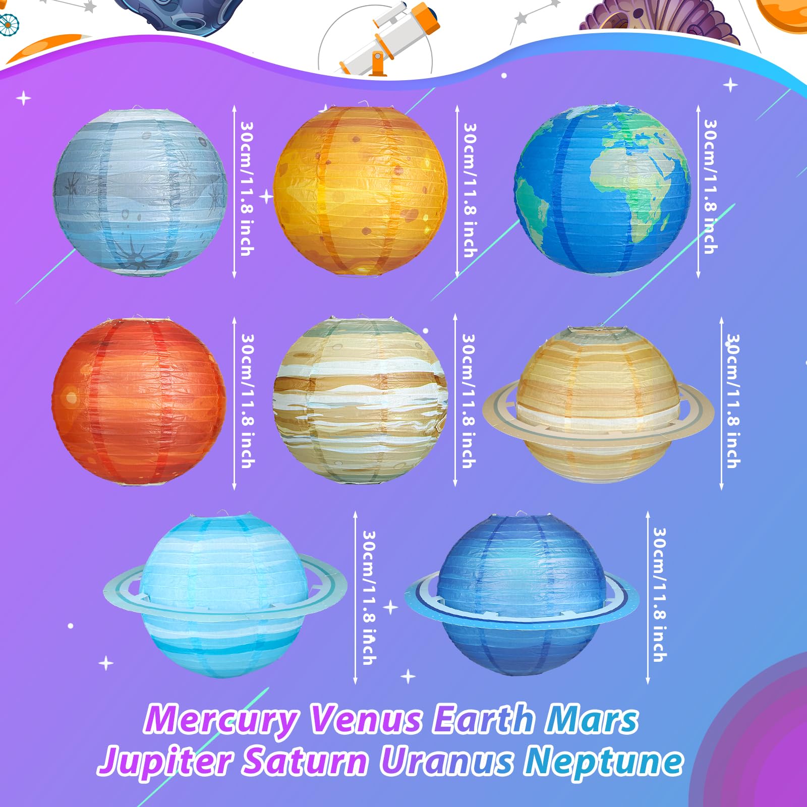 Fontien 8 PCS Planet Paper Lanterns - 12 Inch Outer Space Party Decorations, Solar System Design for Kids' Space Theme Birthday Parties