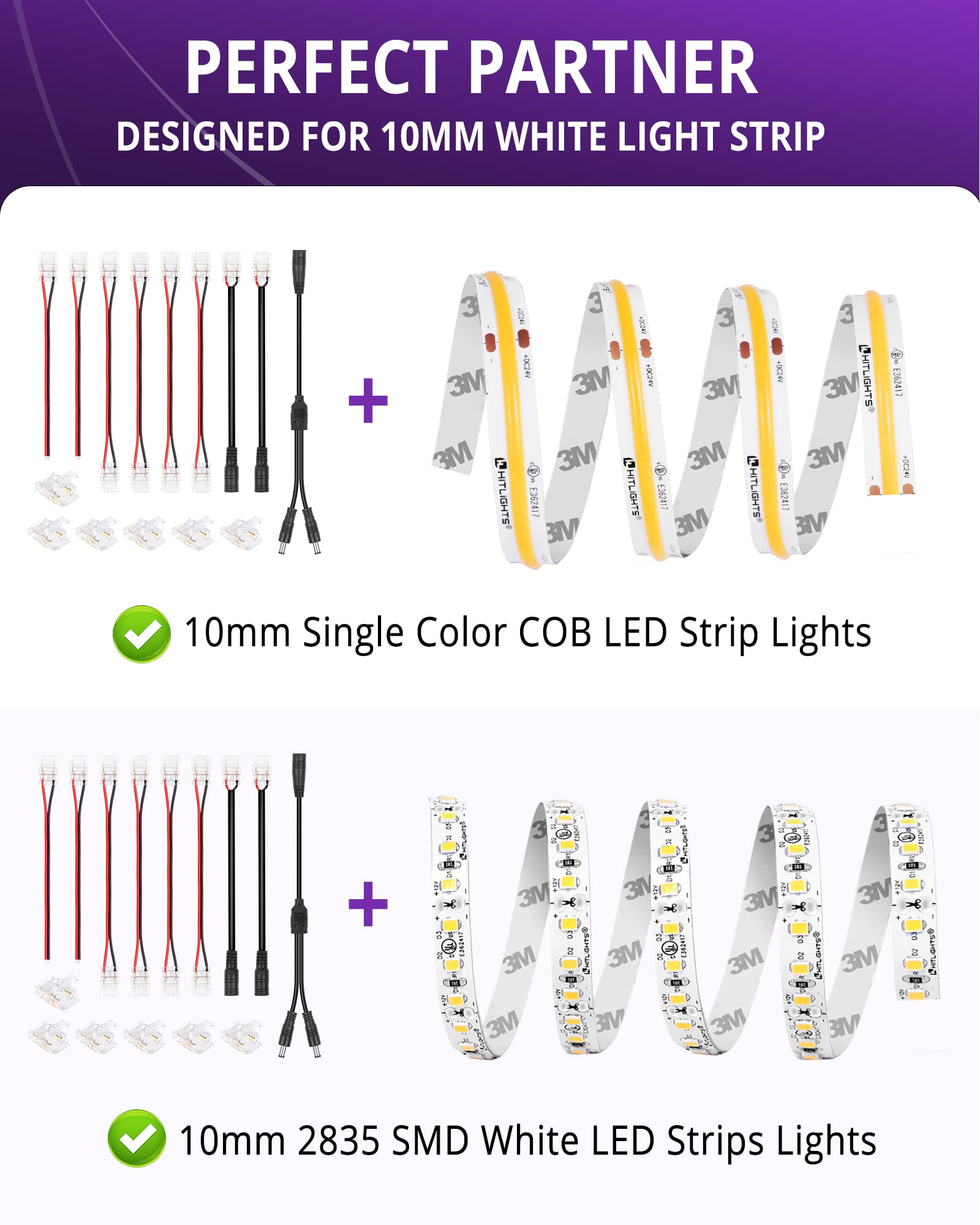 Hitlights Led Strip Connector 2Pin 10Mm Led Connector Kit Include Gapless Connector, Jumper Connector, Pigtail Connector, Dc Fem