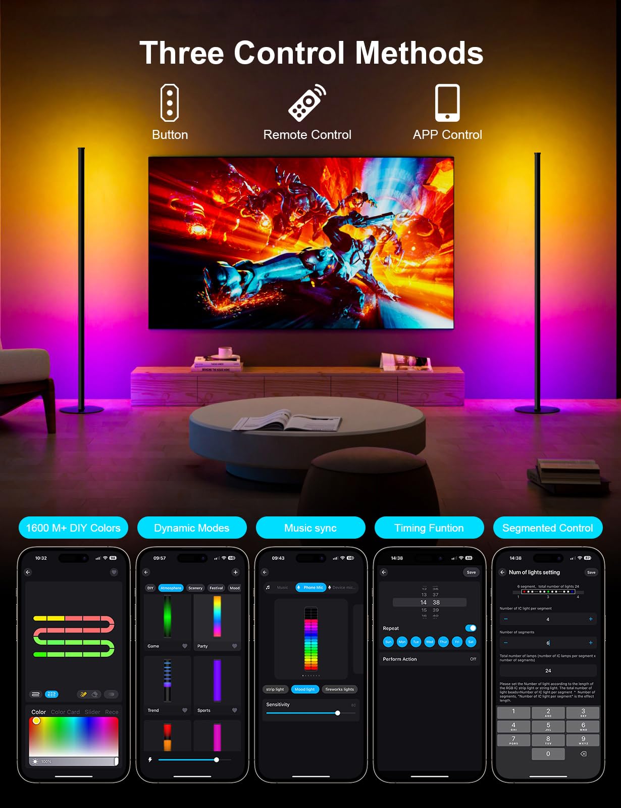 RGB IC Corner Floor Lamp, Upgraded LED Corner Lamp APP and Remote Control, 16 Million Colors and Warm White, Music Sync, Timing