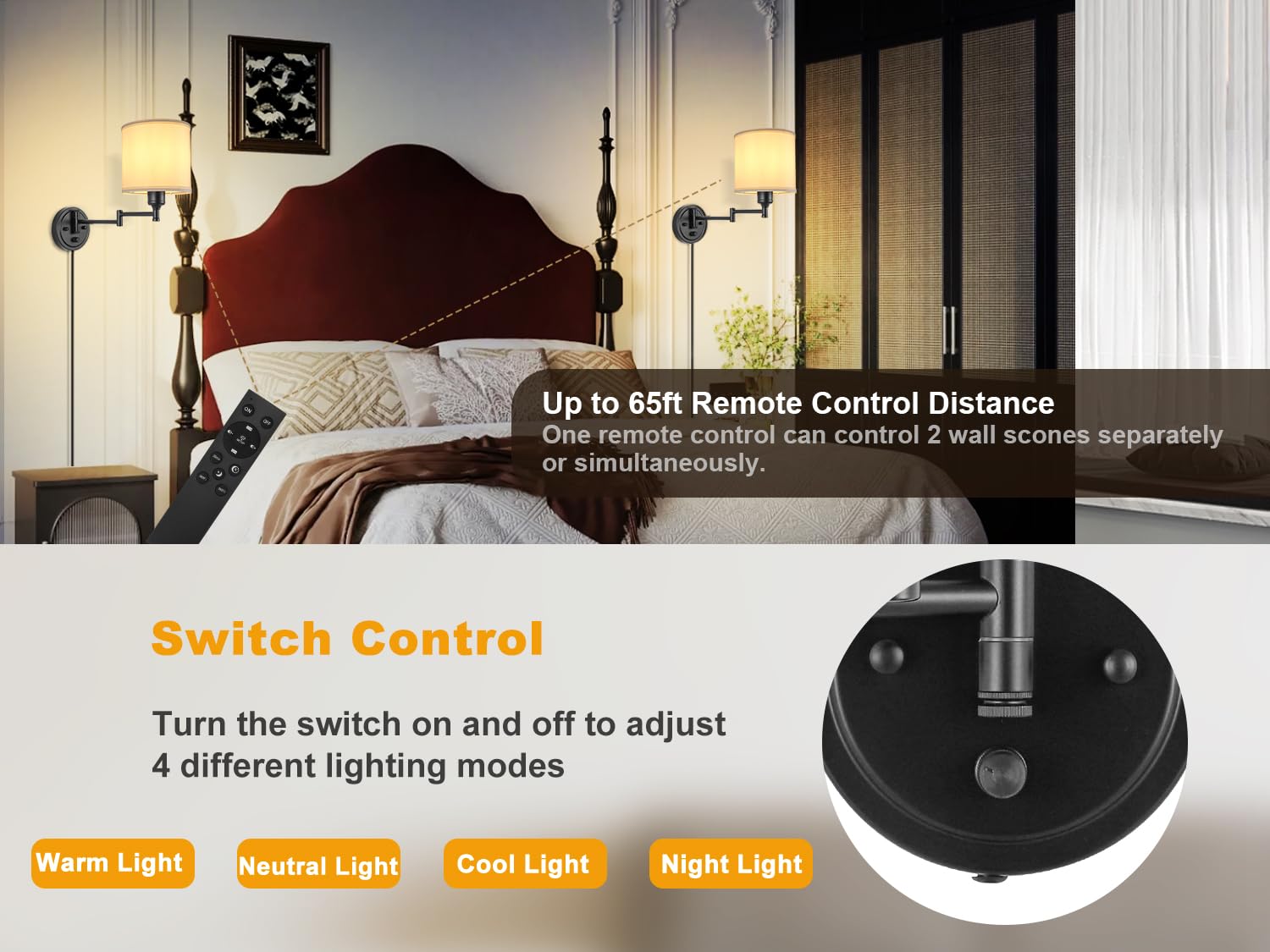 GOODATE Plug-in Wall Sconces Set of Two, Remote Control, Dimmable 2700K-6500K, Black Finish, Fabric Shade, Model BZ-YK