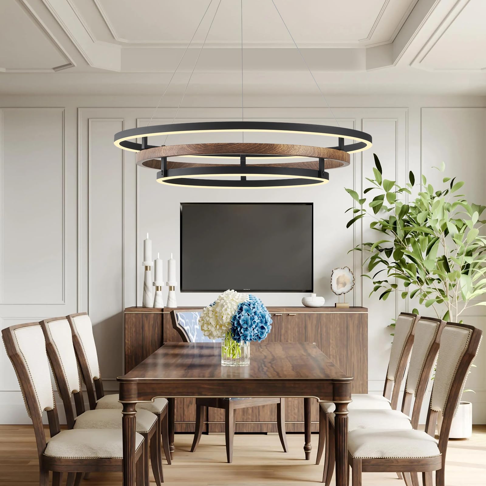 CaraLuxe 3 Ring LED Chandelier - 31in Dimmable Metal Light Fixture, Walnut Wood Black Finish for Foyer, Dining Room, Bedroom, Office