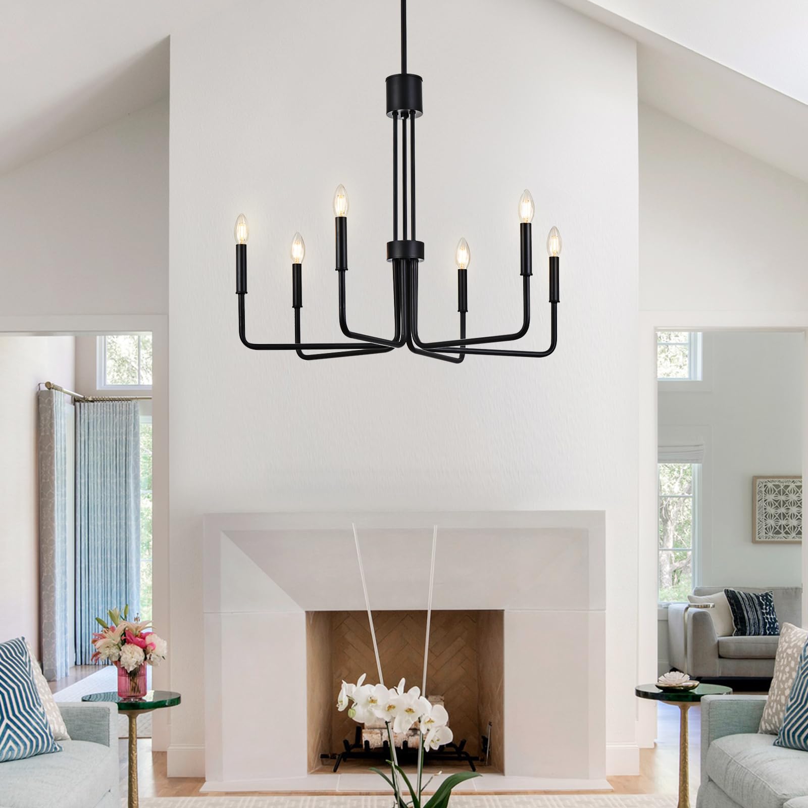 Niloah 6-Light Black Farmhouse Candle Chandeliers 28 Inch Modern Light Fixture Industrial Hanging Lighting For Dining Living Roo