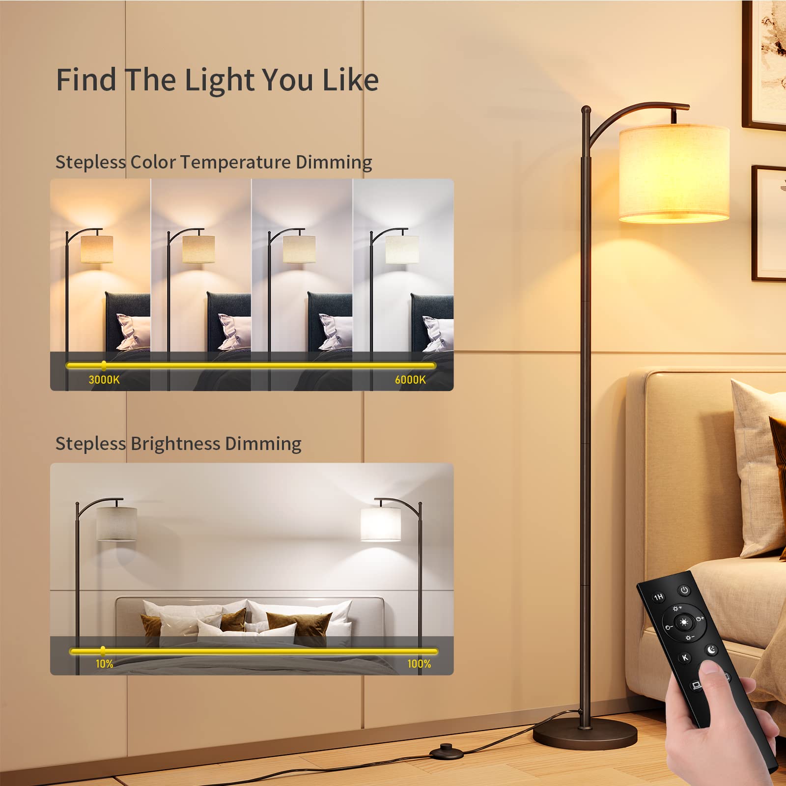 SUNMORY Arc Floor Lamp - Modern Remote Control, Stepless Dimmable, Metal, Black, Model MF18166 for Living Room, Bedroom, Office