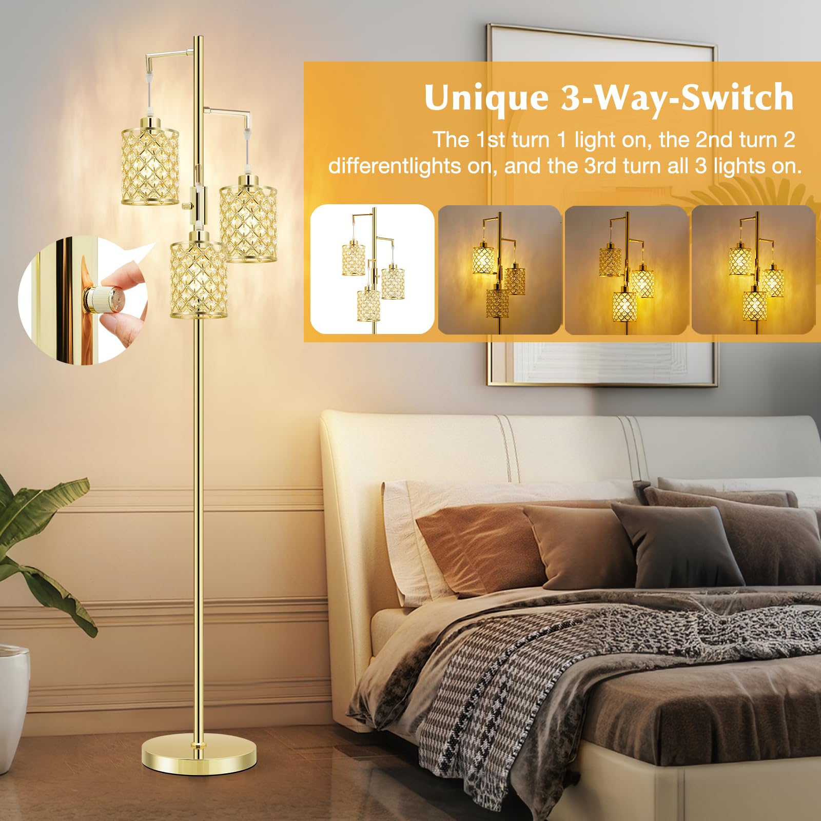 GyroVu Modern Gold Crystal Floor Lamp, 3-Light K9 Shade, Elegant Design for Living Room, Bedroom, Home Office - Model G-1FL-1769B