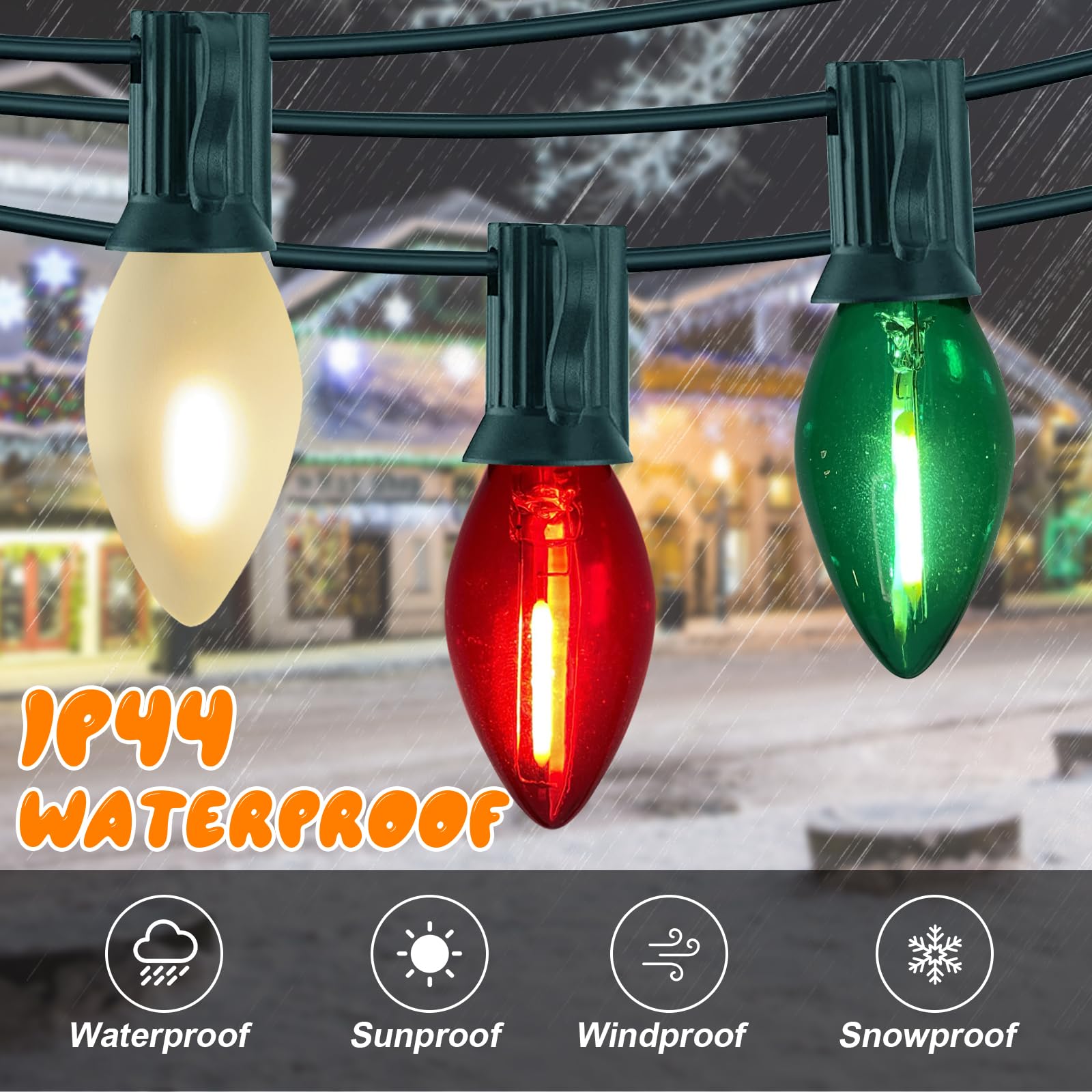 C7 Led Red White And Green Christmas Lights, 25Ft Outdoor Chritsmas String Lights Shatterproof With 27 Led Clear Multicolor Bulb
