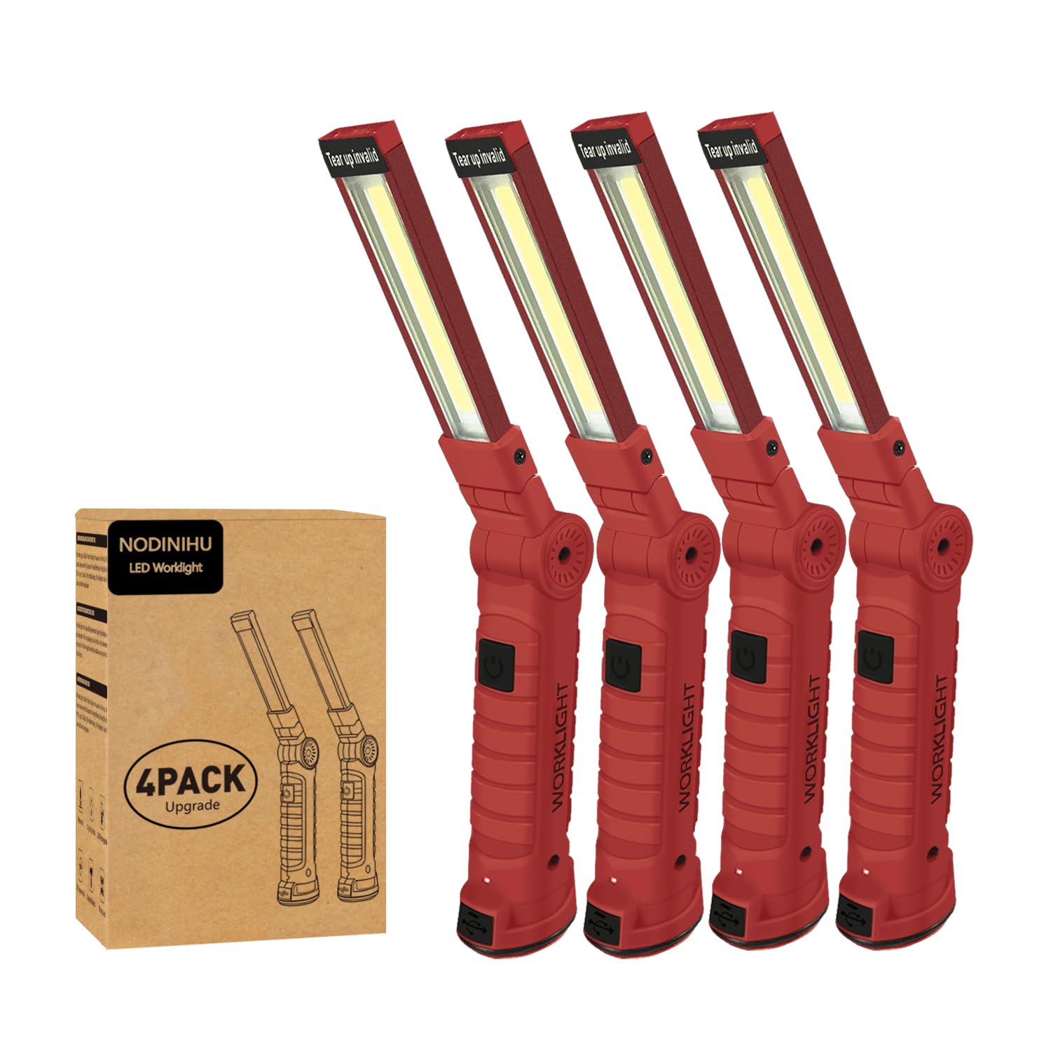 NODINIHU Portable Rechargeable Work Lights, 800 Lumens, 360° Rotate, Magnetic Base, Red, 4 Pack