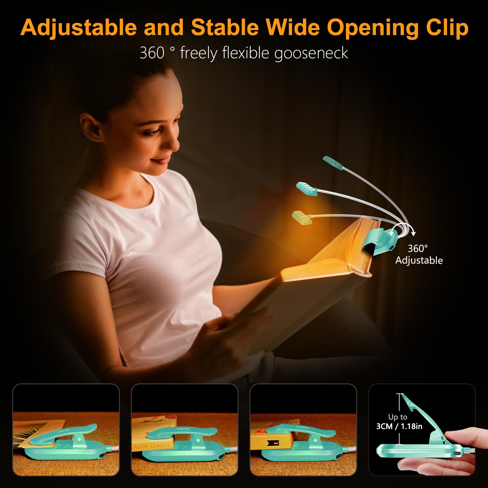 Gritin Rechargeable Book Light For Reading In Bed With 19 Led &Memory Function-Eye Caring 3 Color Temperatures,5 Brightness Levels,80Hrs Runtime Flexible Goose Neck Clip On Book Light-Blue
