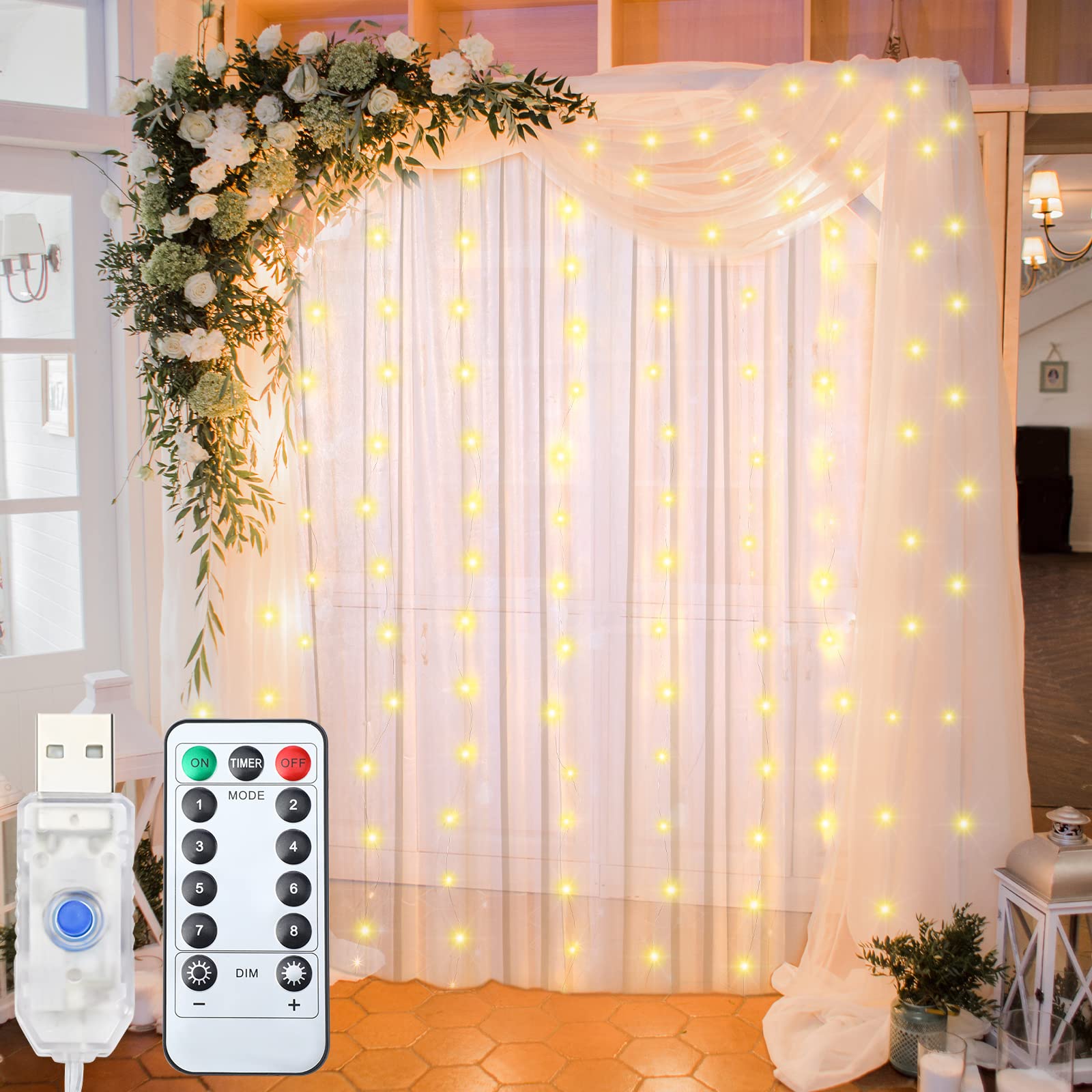 Tulle Backdrop Curtains with 300 LED Lights String for Wedding Backdrop Bridal Shower Party White Backdrop Fabric Drapes with US