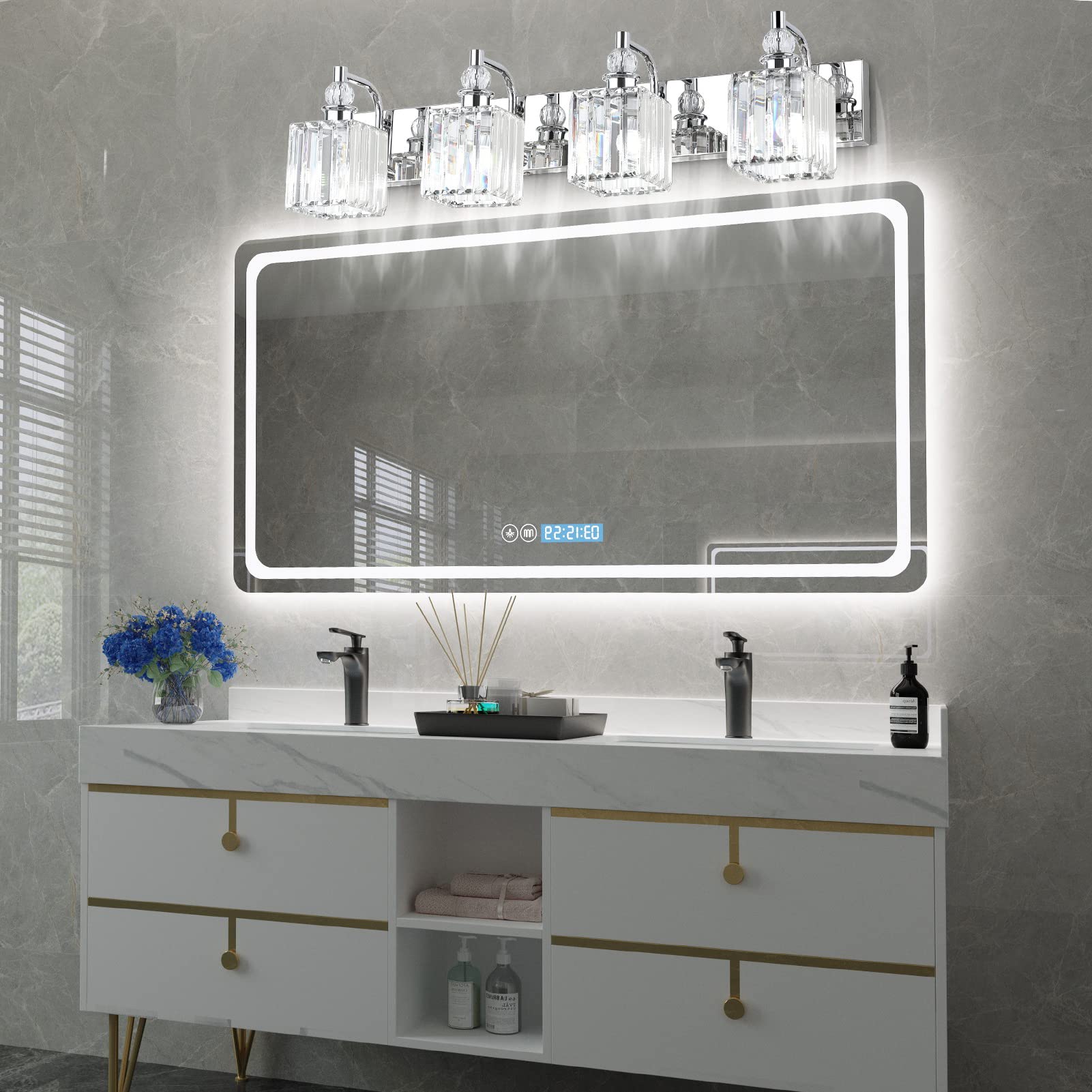Ralbay Modern Crystal Vanity Light 4-Light, 31.5in  Chrome, Stainless Steel, Model 8606, Bathroom Wall Fixture Over Mirror