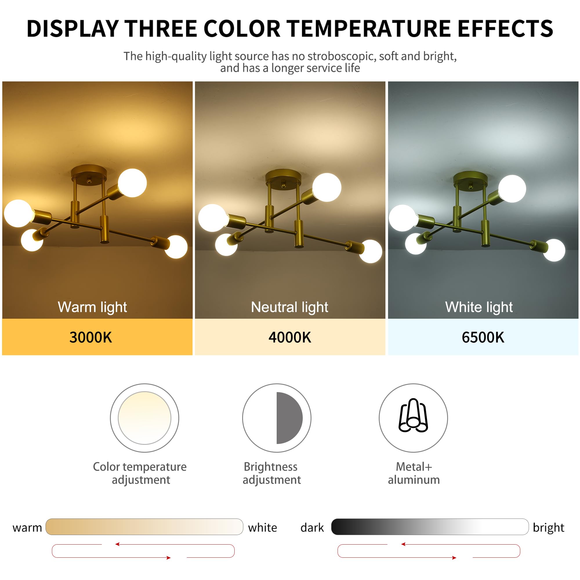 Garwarm 4-Light Sputnik Ceiling Light Modern Semi Flush Mount Ceiling Light Fixture Mid Century Gold Sputnik Chandelier For Kitc