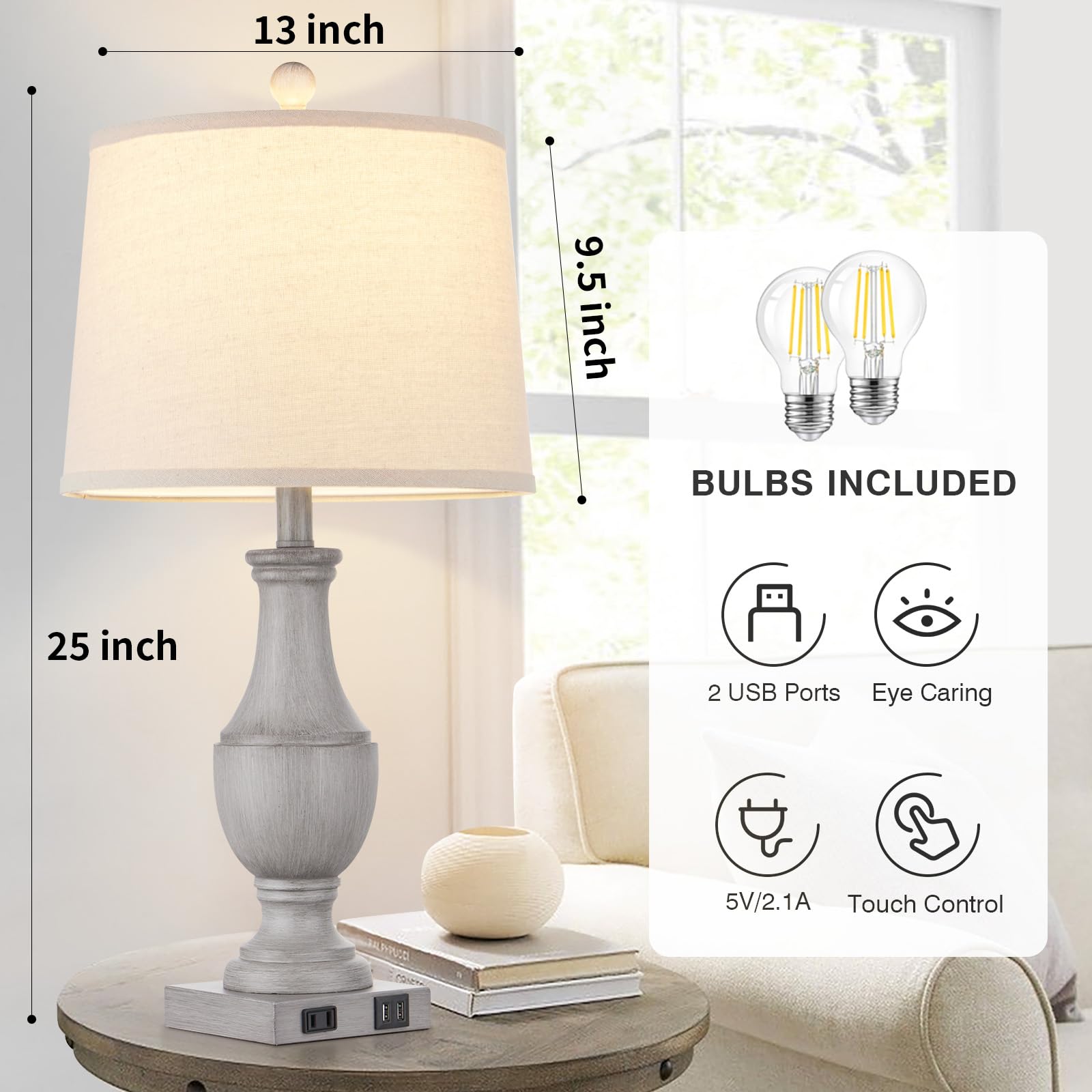 Farmhouse Table Lamps Set Of 2, Rustic 25'' Touch Control Bedside Lamps With 2 Usb Ports & Ac Outlet, Vintage 3-Way Dimmable Nig