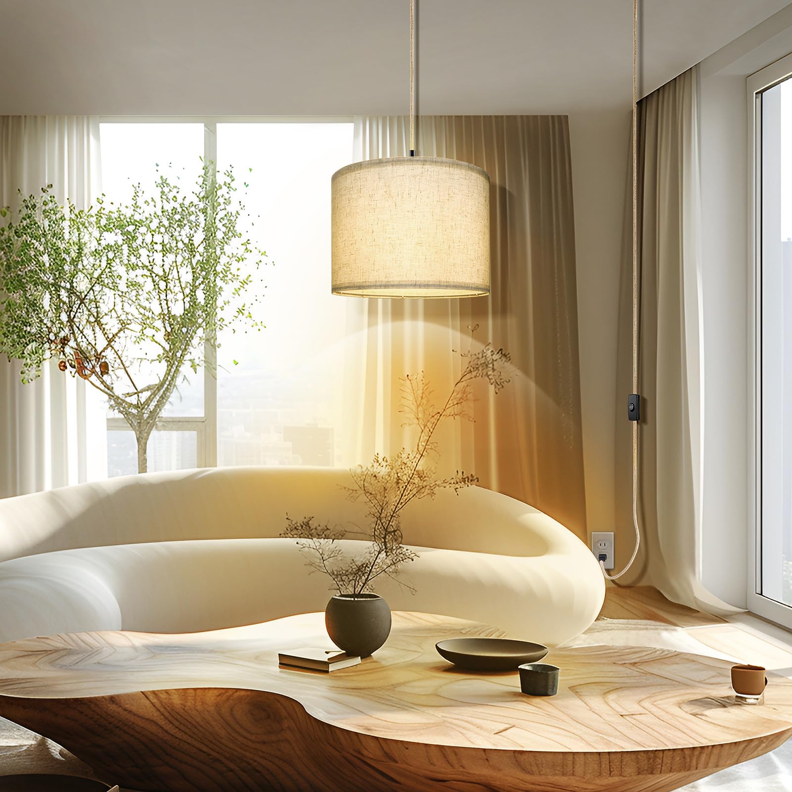 Wimisom Plug In Pendant Light,15 Ft Hanging Lamp With Plug In Cord, On/Off Switch, Pendant Lighting With Fabric Shade, Hanging L