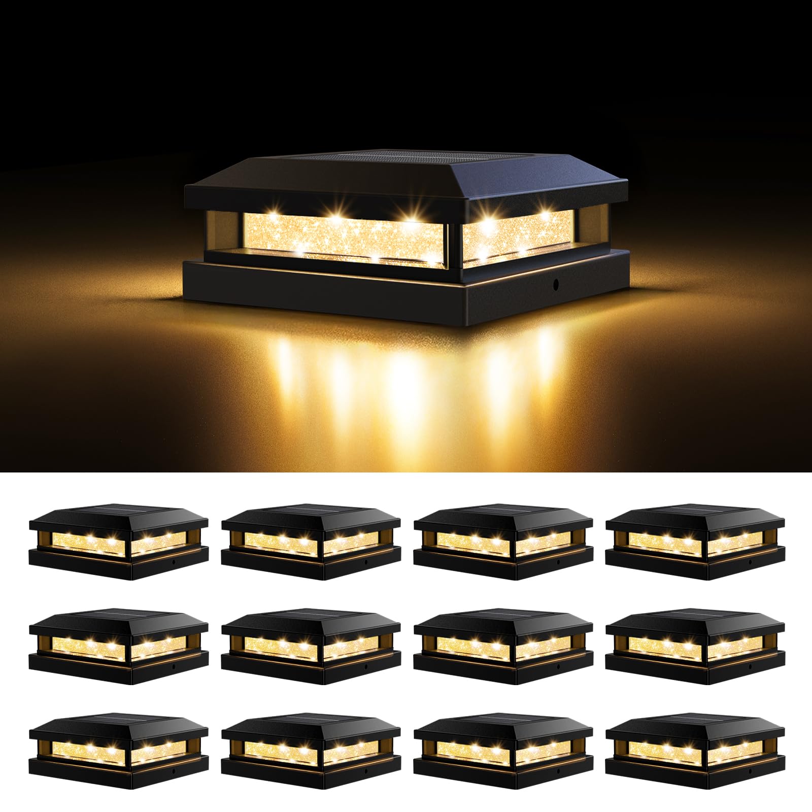 Solar Post Cap Lights Outdoor 12 Packs For 4X4 4.5X4.5 5X5 Vinyl/Wooden Posts  Waterproof Solar Powered Fence Post Light With Warm/Cool Lighting  Black 16Leds Deck Cap Light For Garden  Patio  Porch