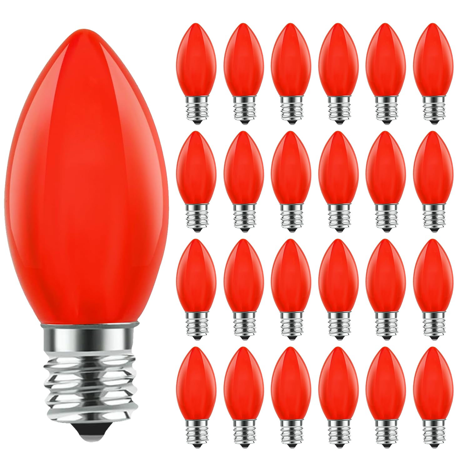 PASUTO 25 Pack C9 Red Replacement Bulbs  C9 Christmas Lights Red Ceramic Incandescent Bulbs for Vintage Christmas Lights Indoor and Outdoor Decorations  E17 Candelabra Base  7 Watts Night Light Bulbs