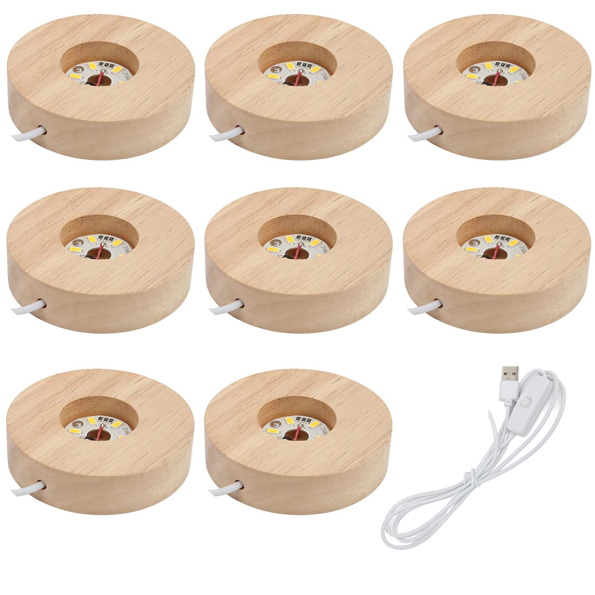 vskikris 8-Pack Warm Light LED Base for Crystal Glass Ball - 2.5in LED Wood Display Base - Glass Crystal Artwork, Holiday Party 